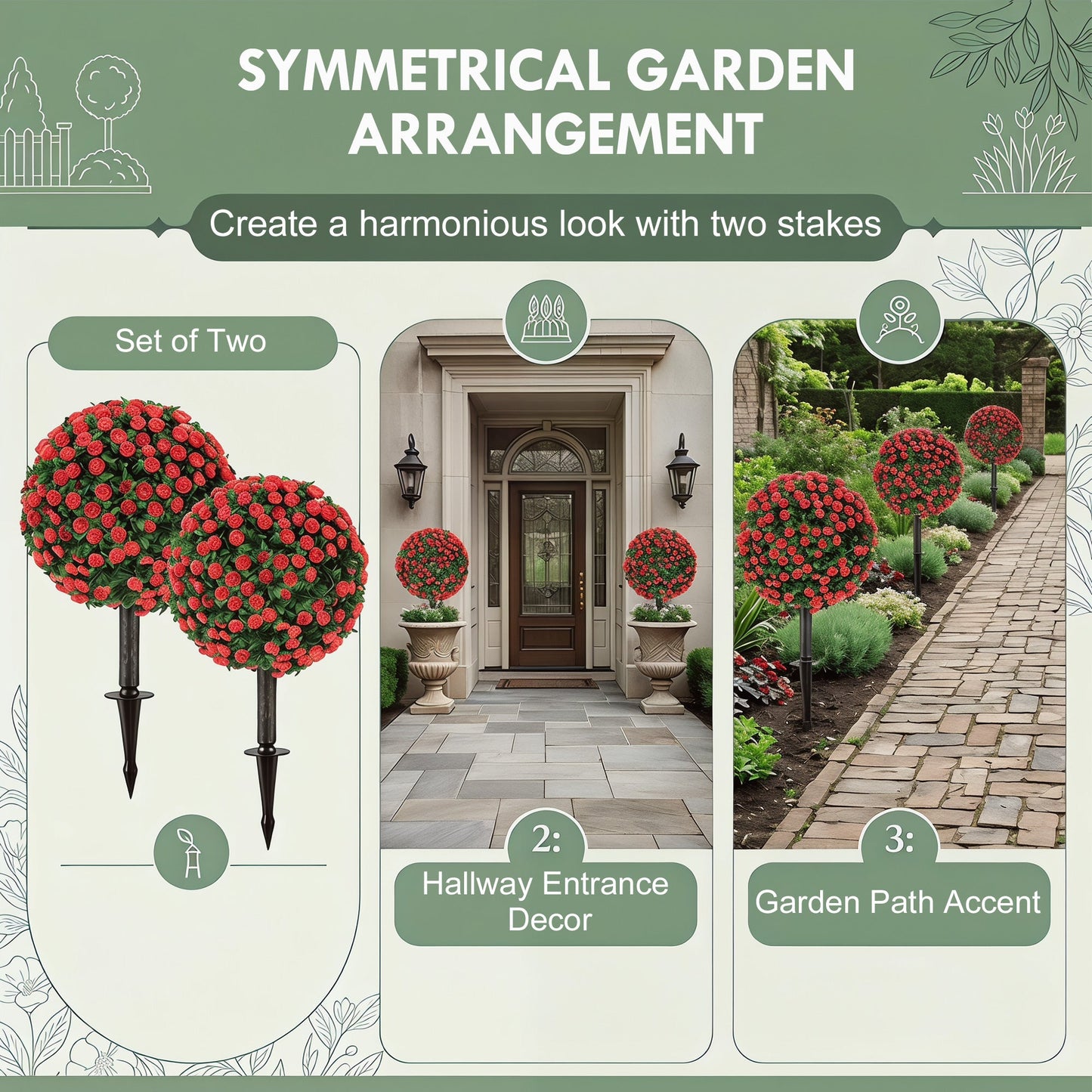 Set of 2 55 cm Artificial Rose Topiary with Ground Stake, UV-Resistant Fake Plants with 306 Roses and Leaves for Indoor Outdoor Home Office Garden Decor, Red