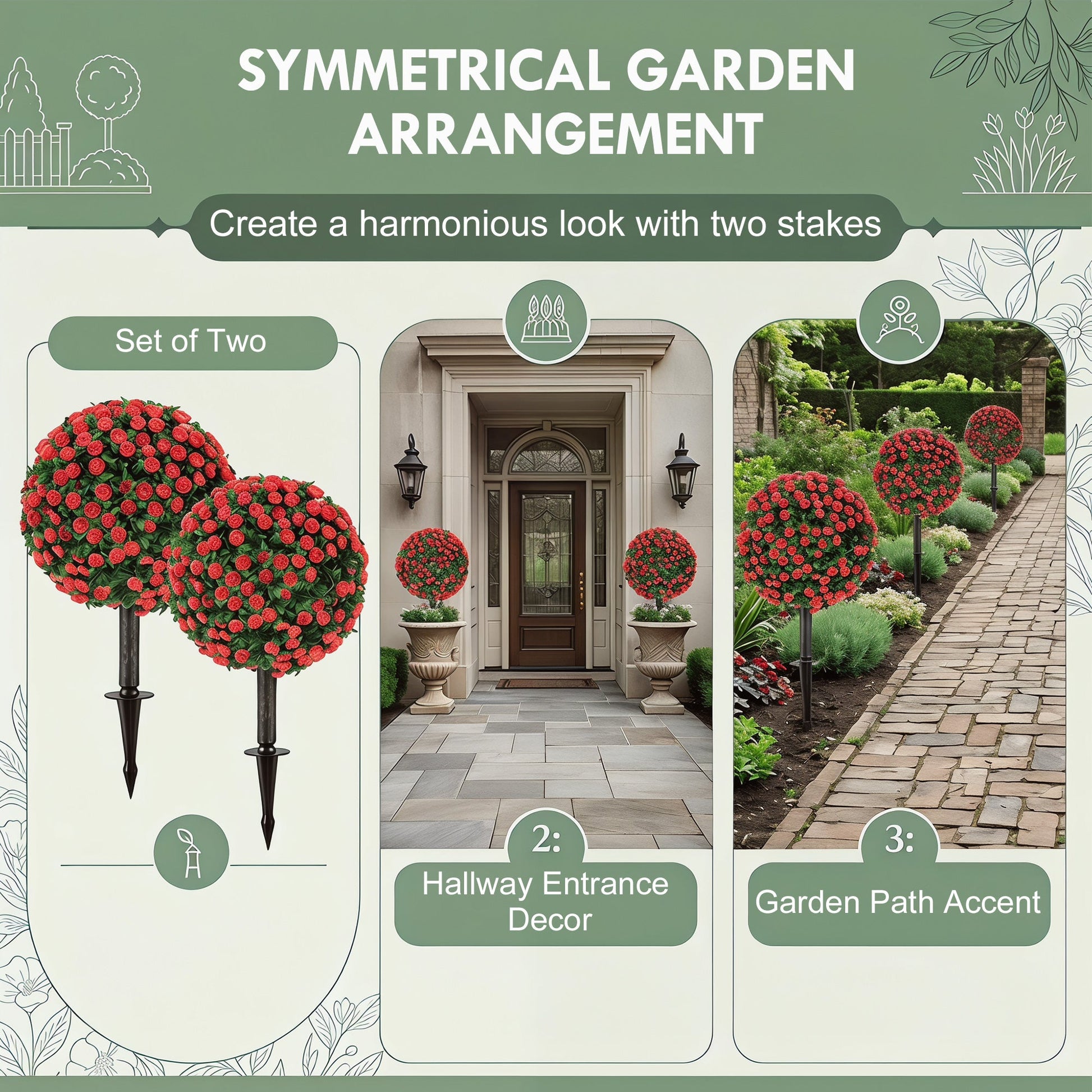 Set of 2 55 cm Artificial Rose Topiary with Ground Stake, UV-Resistant Fake Plants with 306 Roses and Leaves for Indoor Outdoor Home Office Garden Decor, Red