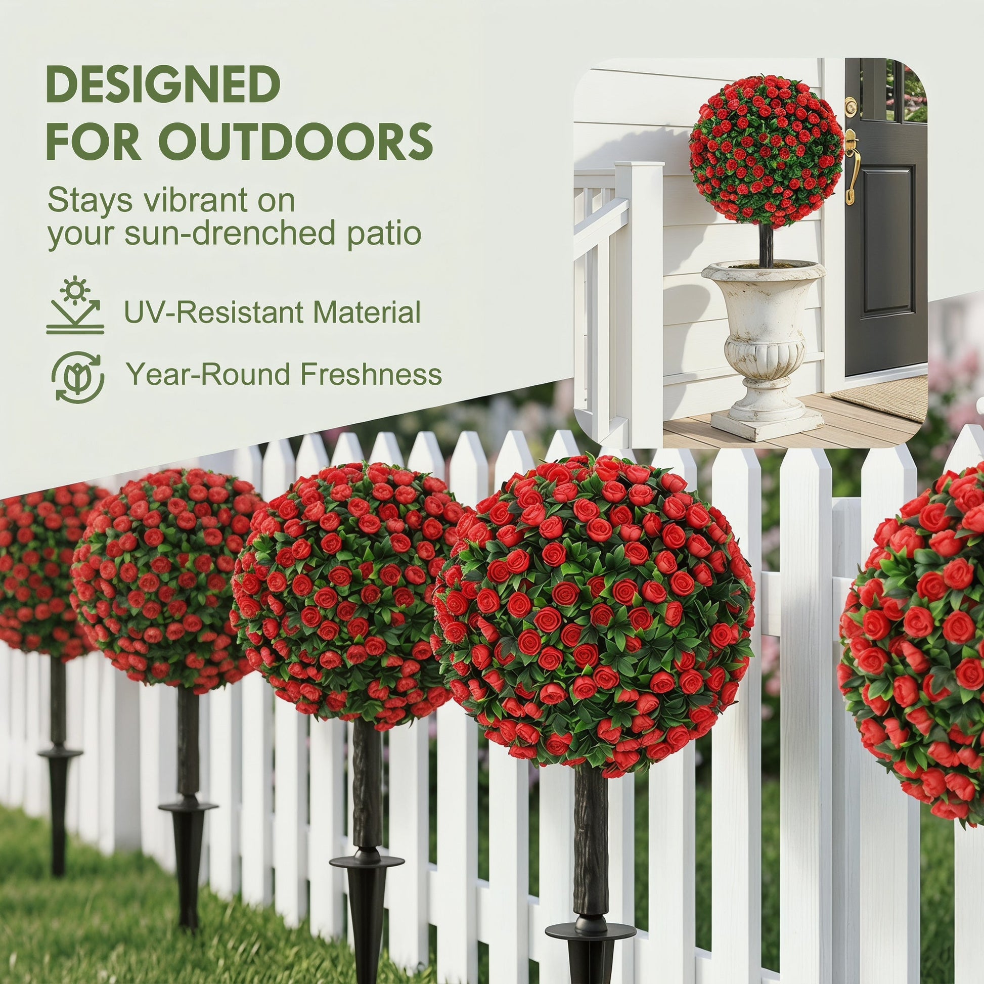 Set of 2 55 cm Artificial Rose Topiary with Ground Stake, UV-Resistant Fake Plants with 306 Roses and Leaves for Indoor Outdoor Home Office Garden Decor, Red