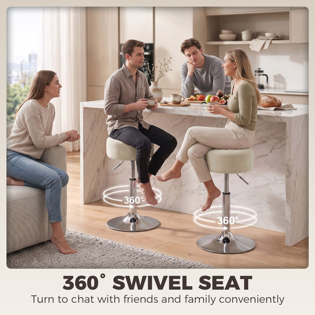 Bar Stool, Modern Adjustable Swivel Barstool with Velvet-Feel Seat, Kitchen Chair, Counter Height Kitchen Chair, 1 Piece, Beige