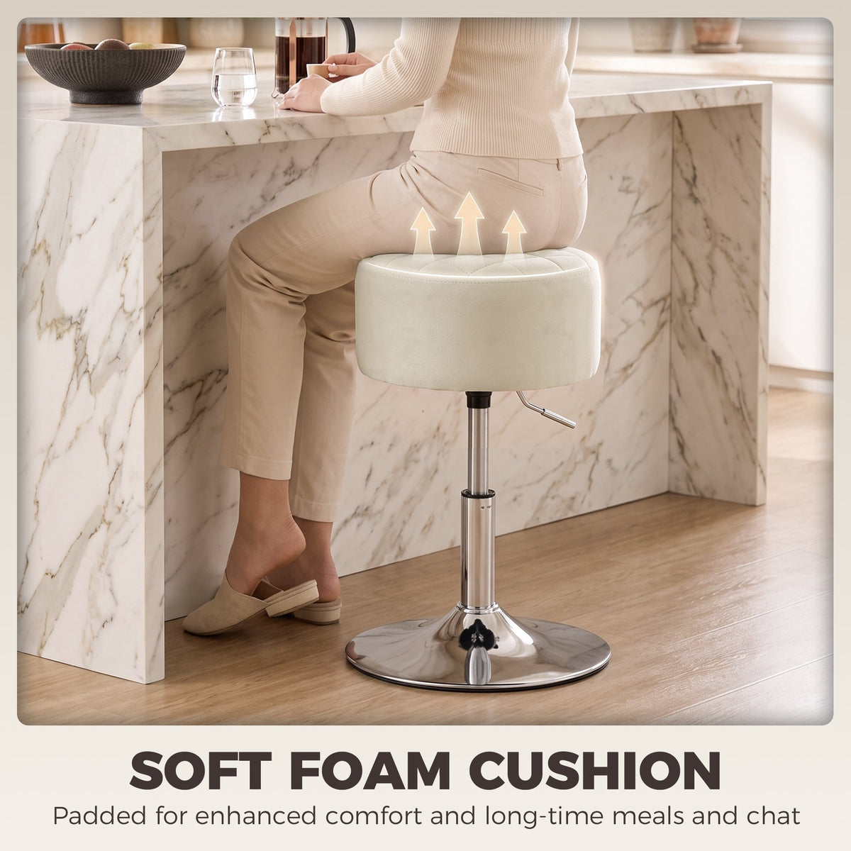 Bar Stool, Modern Adjustable Swivel Barstool with Velvet-Feel Seat, Kitchen Chair, Counter Height Kitchen Chair, 1 Piece, Beige