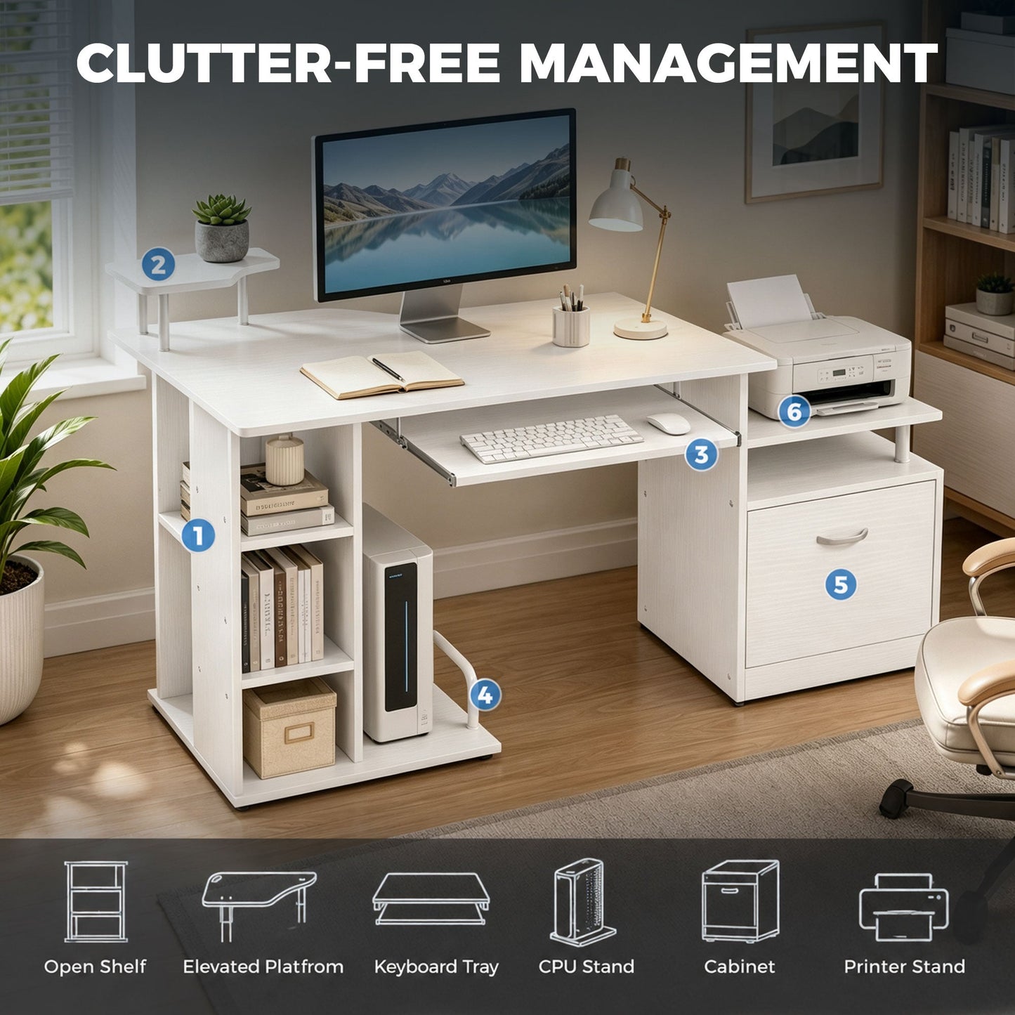Computer Desk PC Workstation with Drawer Shelves CPU Storage Rack Home Office Furniture 152 x 60 x 88 cm White Wood Effect