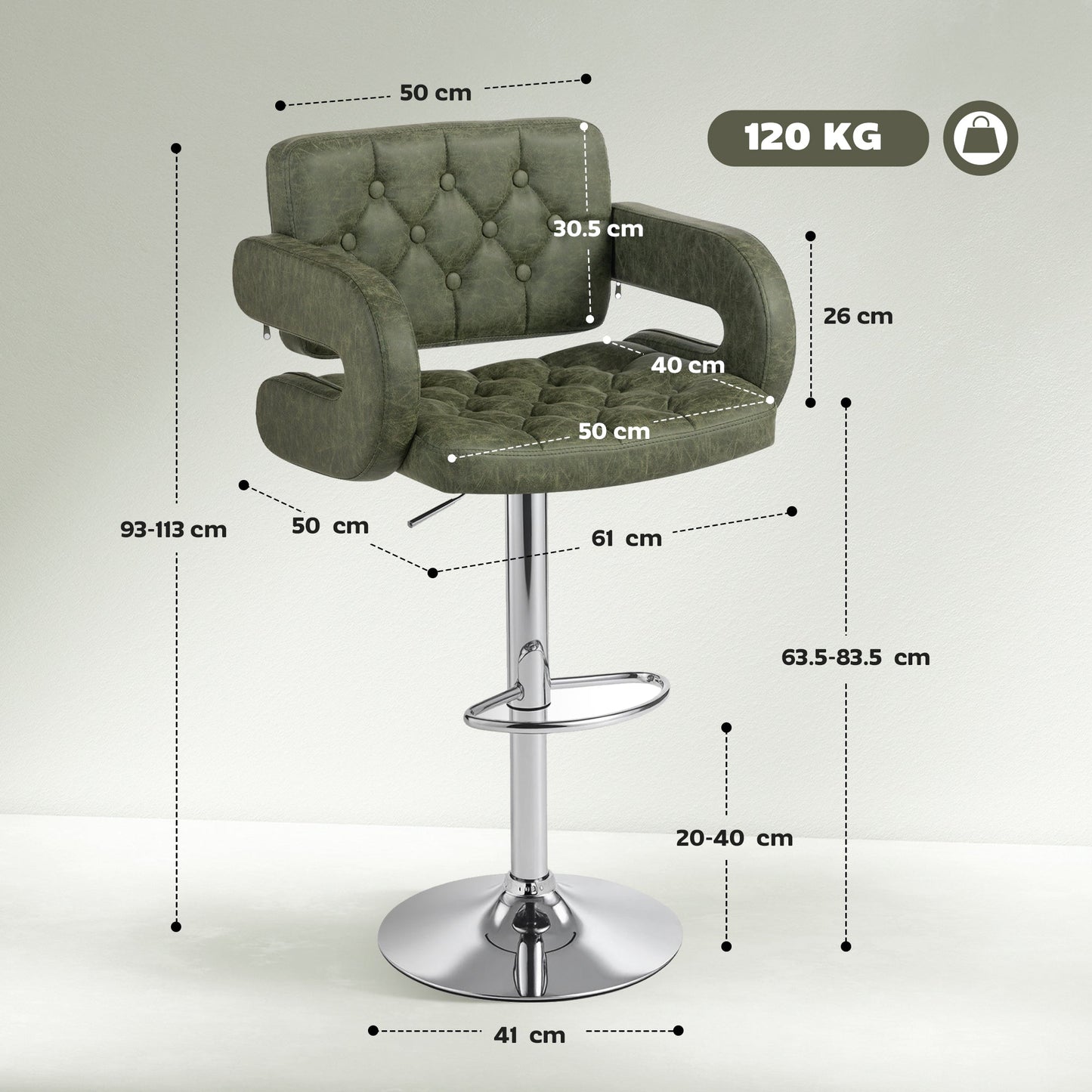 Swivel Bar Stool with Extra Large Seat, PU Leather Upholstered Adjustable Barstool with Back, Arm and Footrest, Breakfast Bar Chair for Bistro, Kitchen, Green