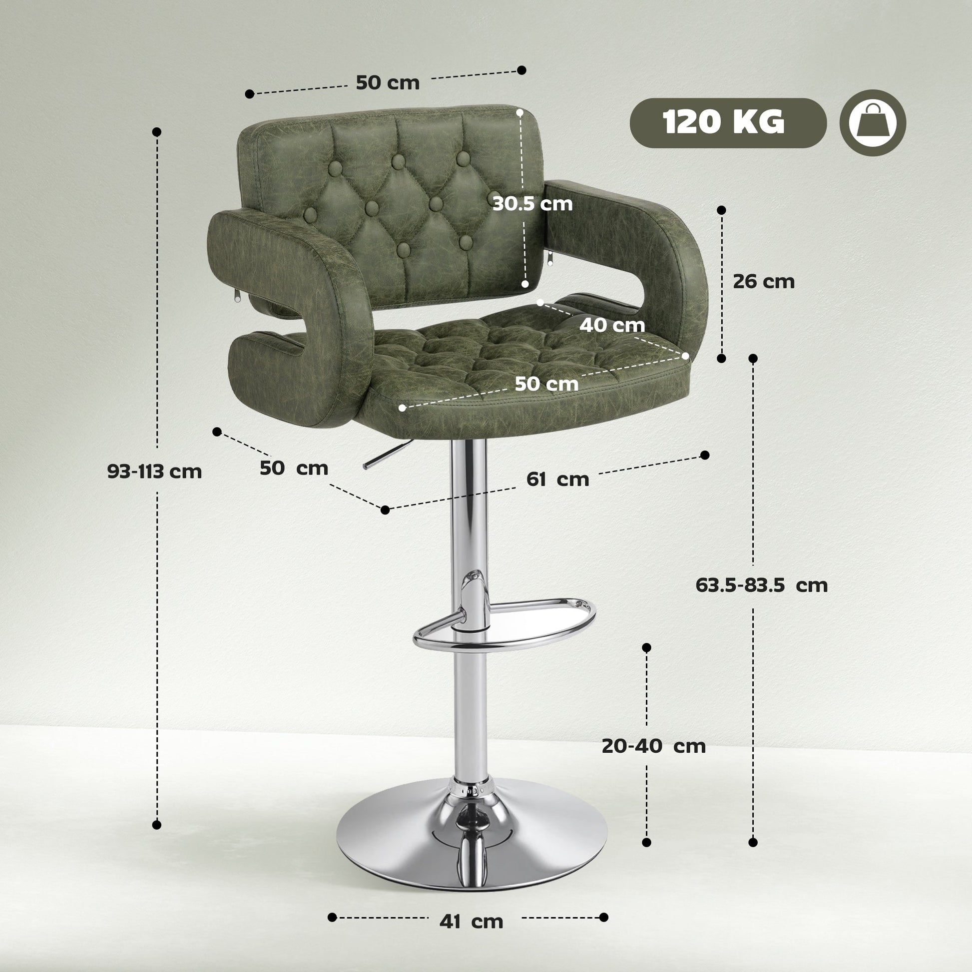 Swivel Bar Stool with Extra Large Seat, PU Leather Upholstered Adjustable Barstool with Back, Arm and Footrest, Breakfast Bar Chair for Bistro, Kitchen, Green