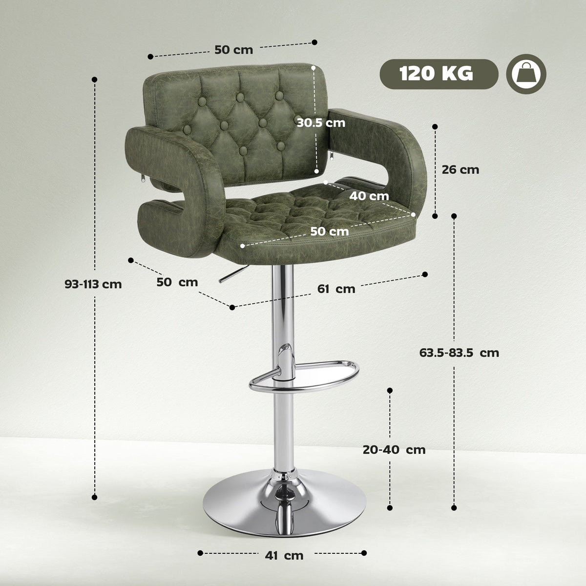 Swivel Bar Stool with Extra Large Seat, PU Leather Upholstered Adjustable Barstool with Back, Arm and Footrest, Breakfast Bar Chair for Bistro, Kitchen, Green