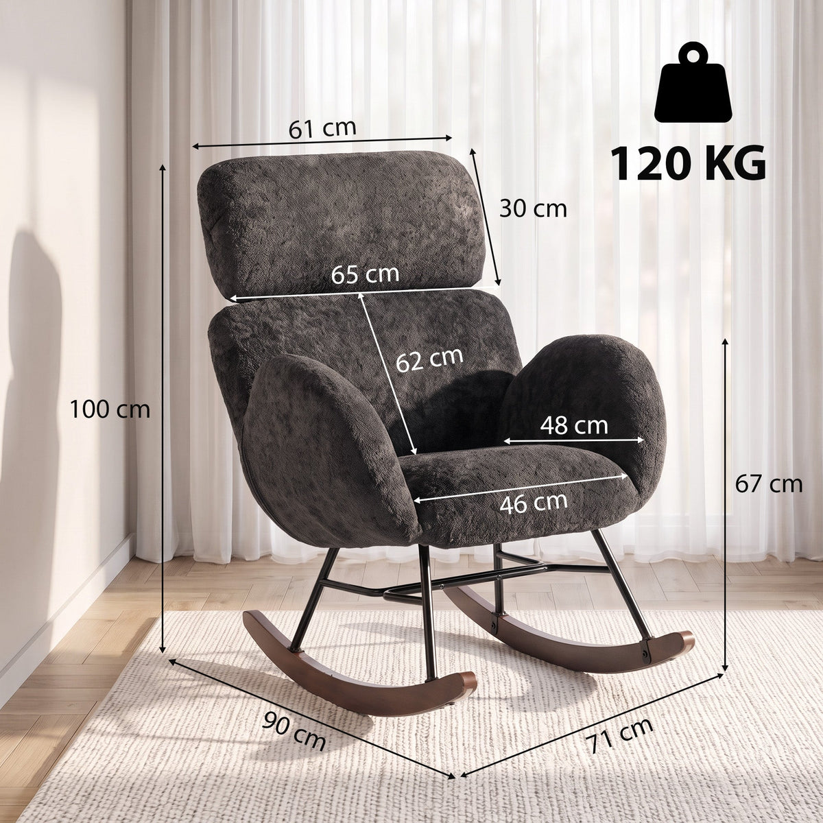 Rocking Chair with Adjustable Headrest, Modern Velvet Upholstered Rocker Chair, Steel Frame and Rubberwood Legs, Foam Padded Armrests, Wide Seat for Living Room, Bedroom, Study, Dark Grey