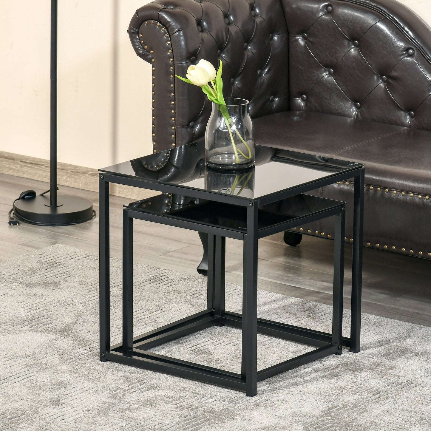 HOMCOM Nest of Tables, Set of 2 Coffee Table, Side Tables with Tempered Glass Desktop and Metal Frame for Living Room, Bedroom, Office, Black