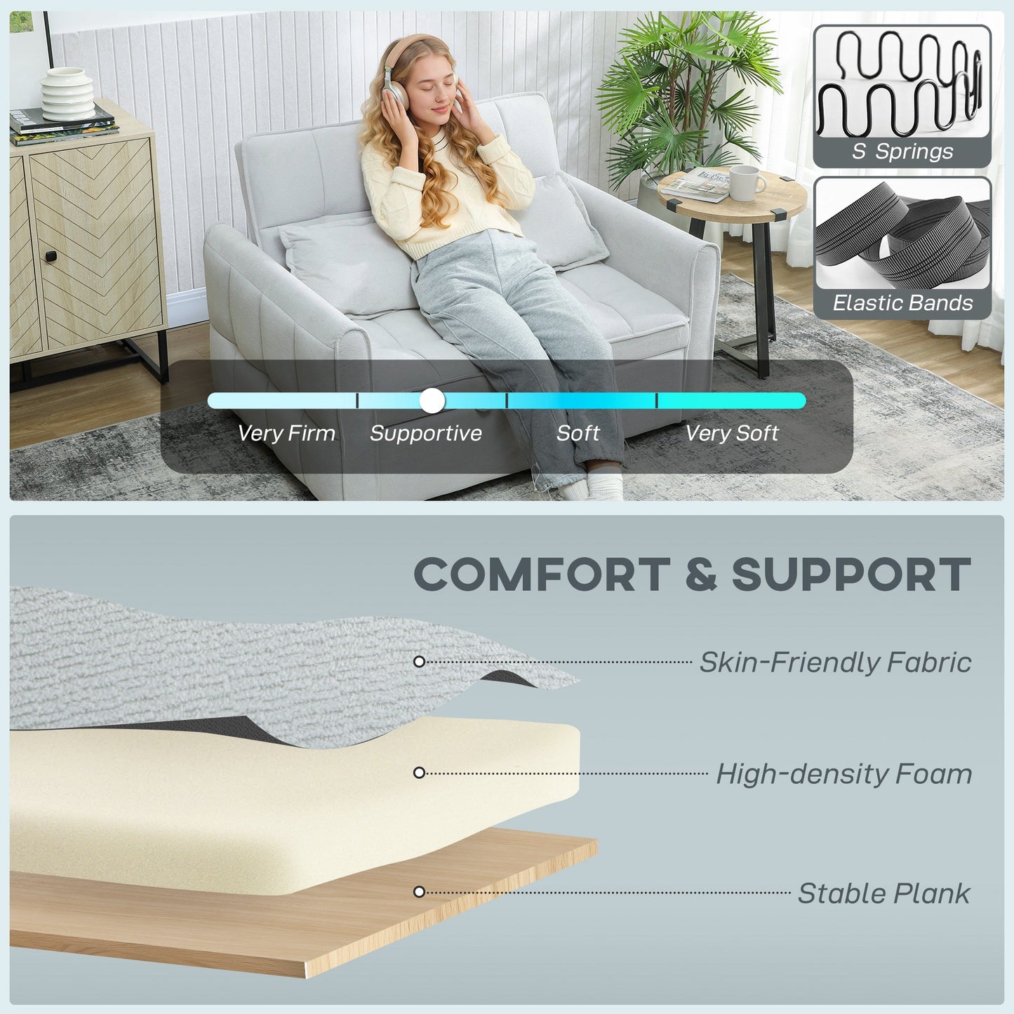 2 Seater Sofa Bed, 3-in-1 Convertible Sleeper Sofa with Click-clack Adjustable Backrest and 2 Pillows, Pull Out Corn Velvet-feel Fabric Bed Settee for Living Room, Guest Room, Light Grey