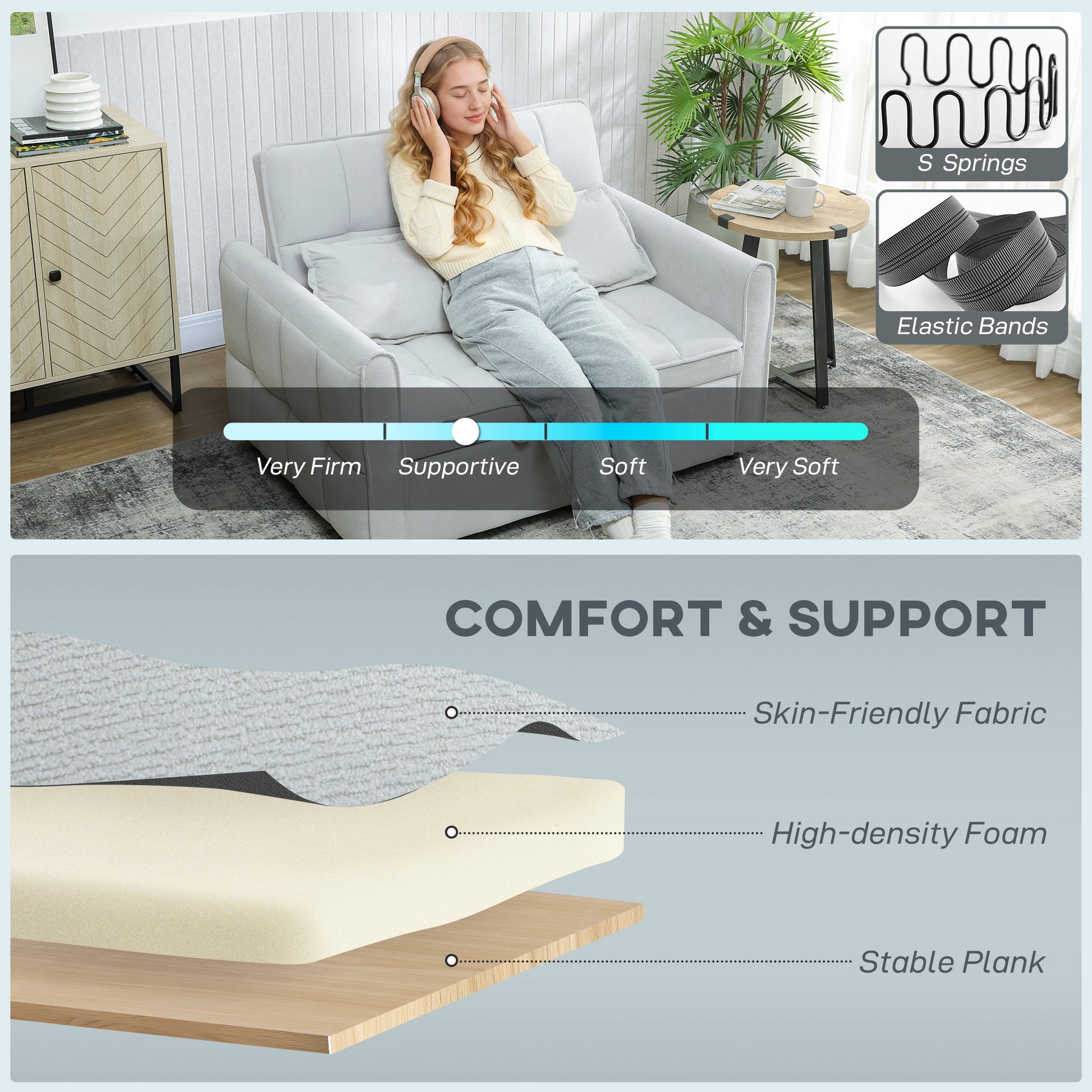 2 Seater Sofa Bed, 3-in-1 Convertible Sleeper Sofa with Click-clack Adjustable Backrest and 2 Pillows, Pull Out Corn Velvet-feel Fabric Bed Settee for Living Room, Guest Room, Light Grey