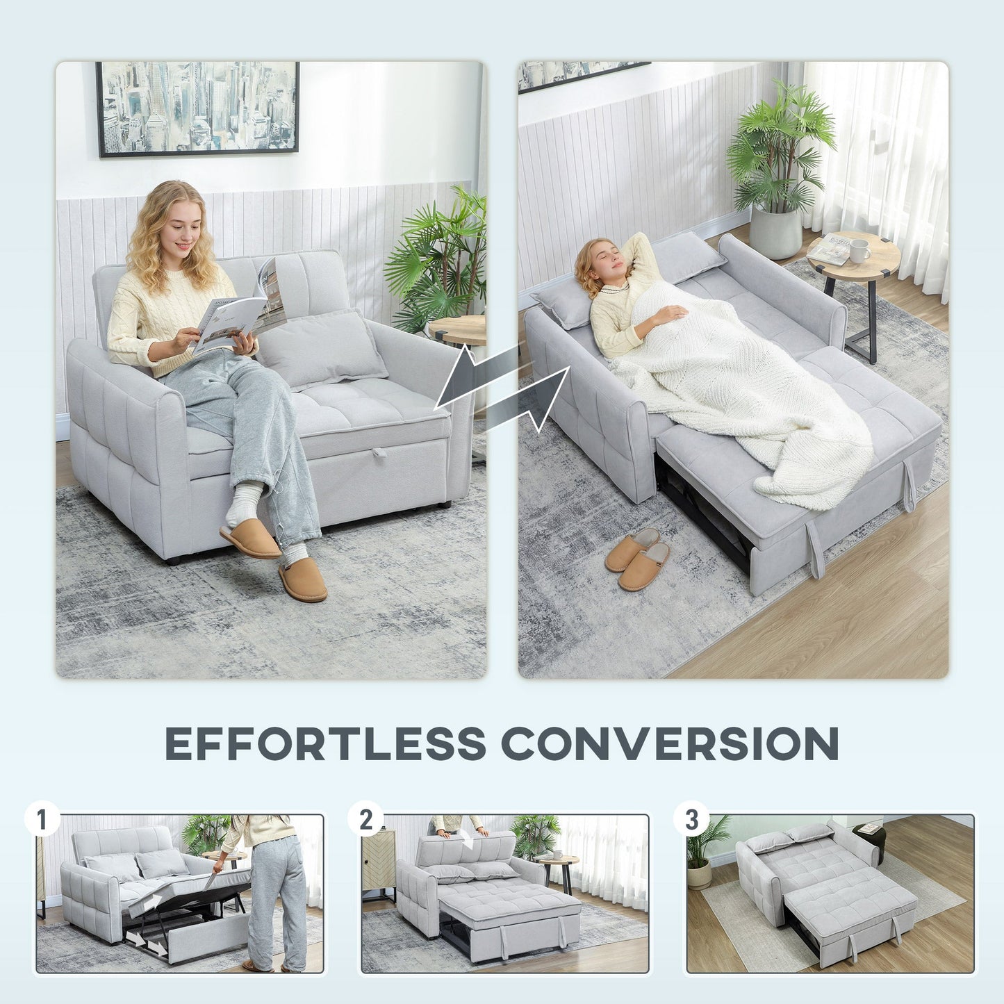 2 Seater Sofa Bed, 3-in-1 Convertible Sleeper Sofa with Click-clack Adjustable Backrest and 2 Pillows, Pull Out Corn Velvet-feel Fabric Bed Settee for Living Room, Guest Room, Light Grey
