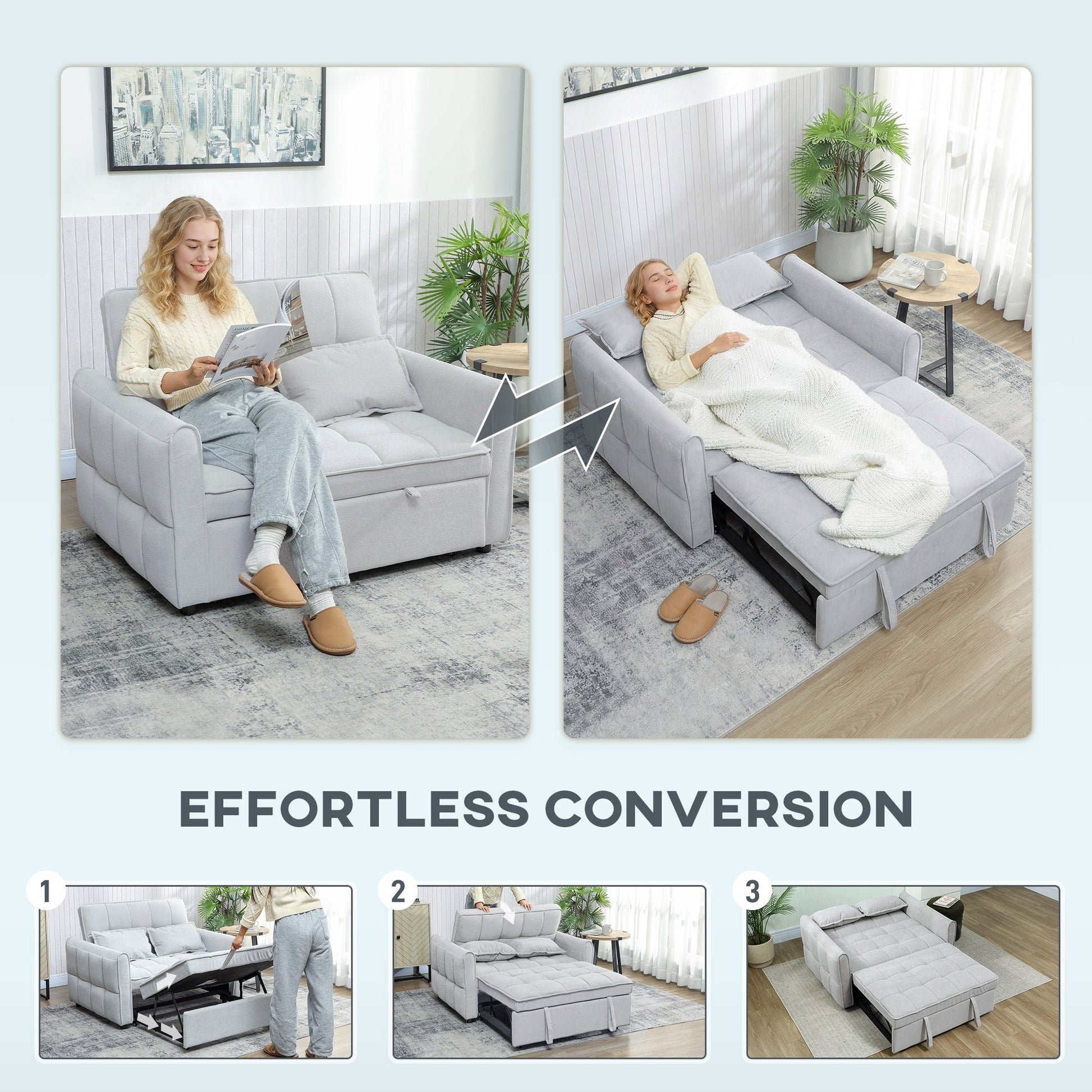 2 Seater Sofa Bed, 3-in-1 Convertible Sleeper Sofa with Click-clack Adjustable Backrest and 2 Pillows, Pull Out Corn Velvet-feel Fabric Bed Settee for Living Room, Guest Room, Light Grey