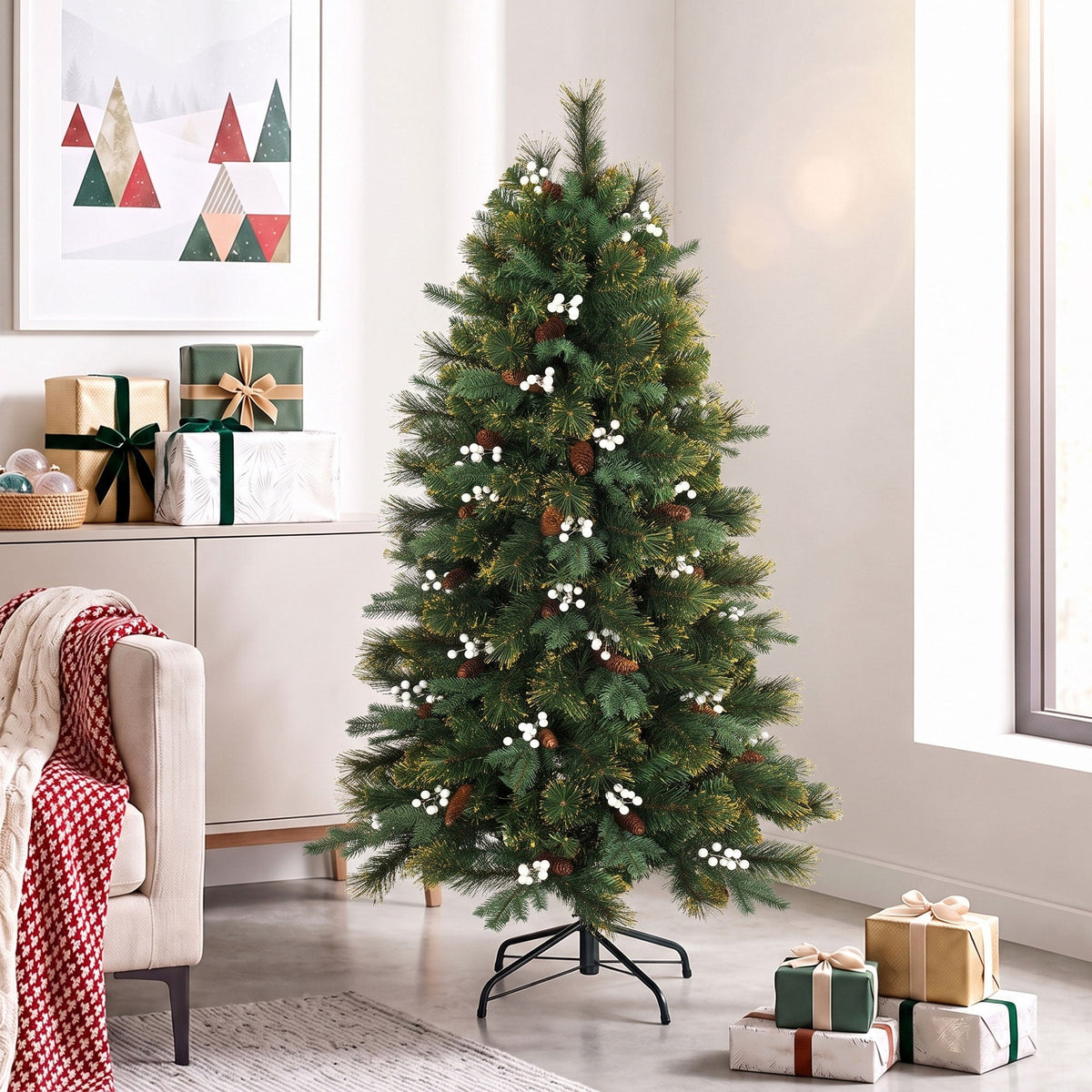 5ft/150cm Artificial Christmas Tree, Fir Hinged Xmas Tree with 490 Branch Tips, Foldable Metal Stand, Easy Assembly for Home Office Holiday Decoration, Green