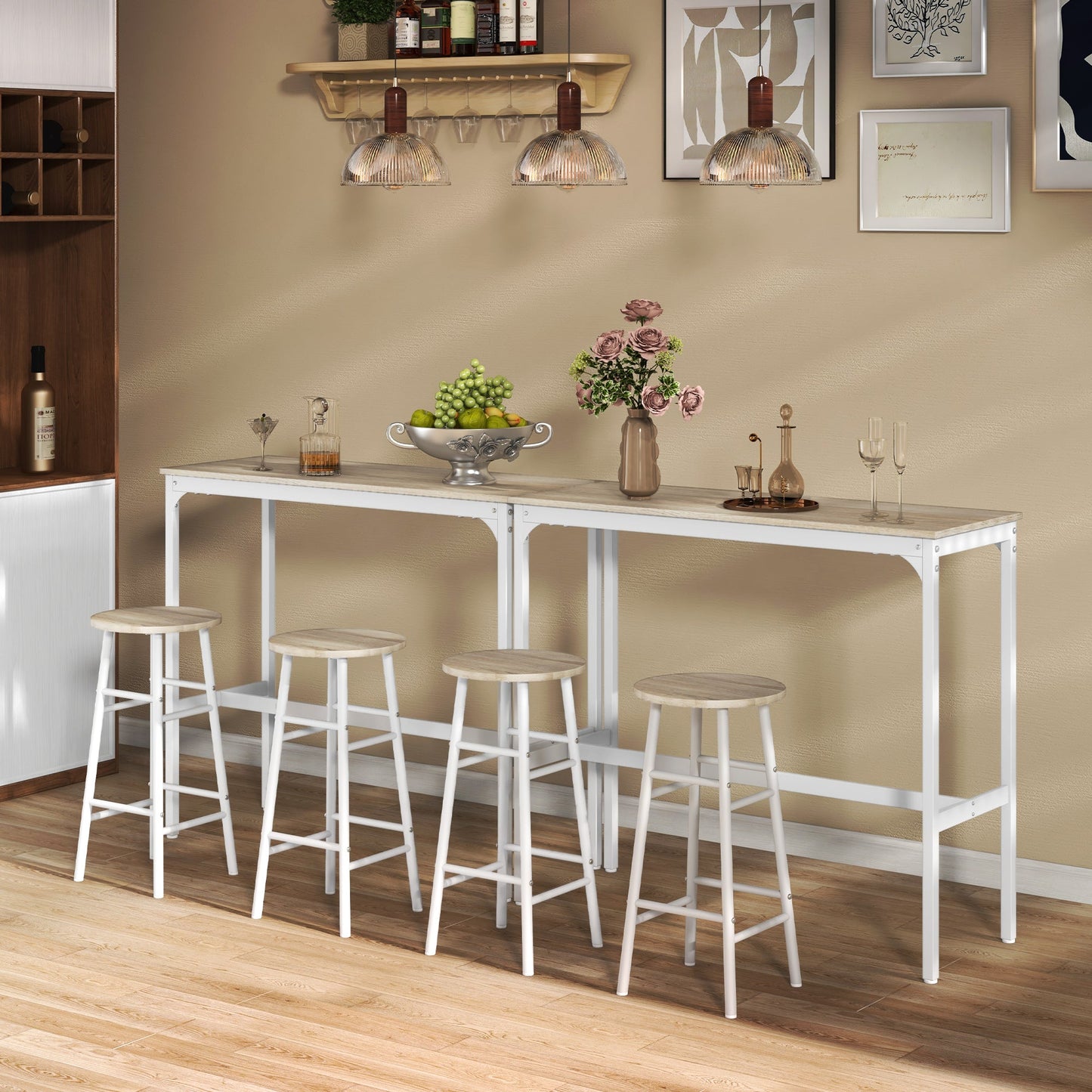 3 Piece Bar Table Set with 2 Stools, Industrial Bar Table and Stool Set, Dining Table and Chair Set for Small Space, Oak