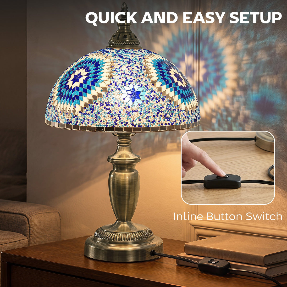 Tiffany Lamp, Stained Glass Bedside Table Lamp with Button Switch and Metal Base for Bedroom, Study and Living Room, 12 x 12 x 20 Inches, Blue