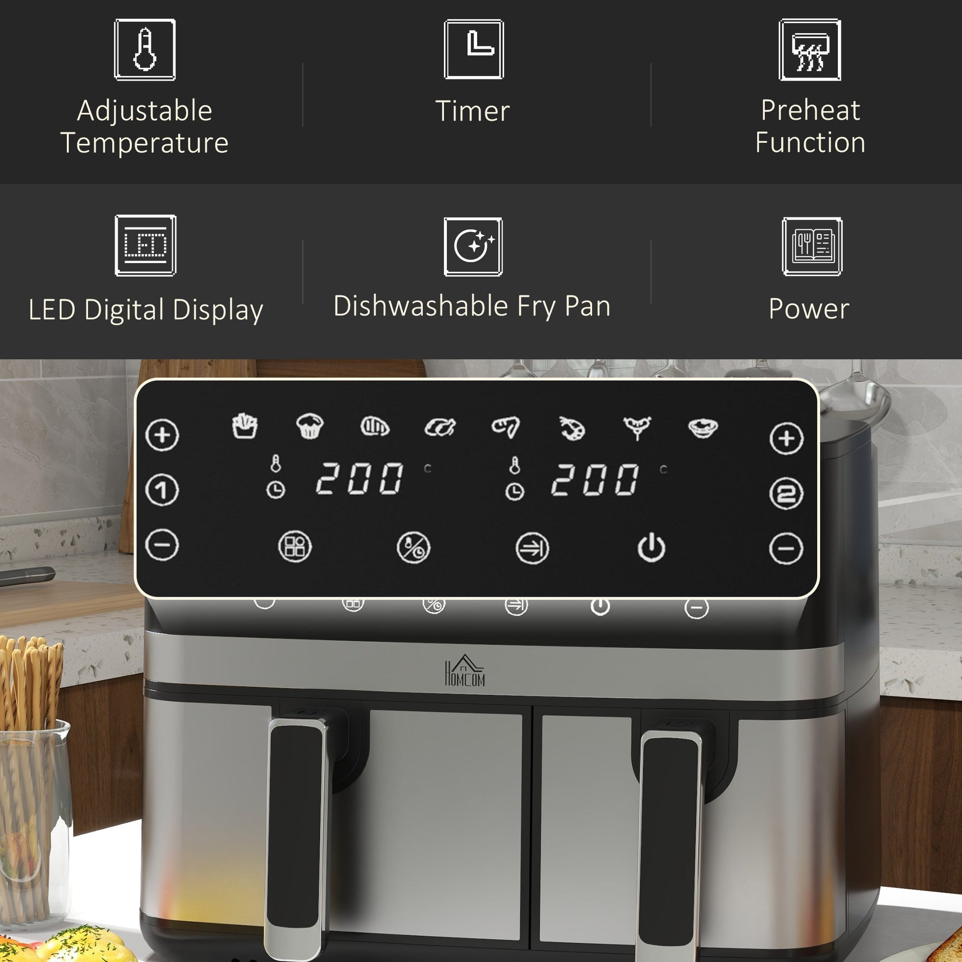 HOMCOM Dual Air Fryer, 8.5L Family Size Double Air Fryer Oven with 8-In-1 Presets, Smart Finish, Digital Display, Recipe, Timer for Oil Free & Low Fat Healthy Cooking, 2700W