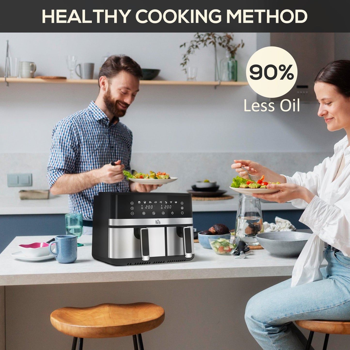 HOMCOM Dual Air Fryer, 8.5L Family Size Double Air Fryer Oven with 8-In-1 Presets, Smart Finish, Digital Display, Recipe, Timer for Oil Free & Low Fat Healthy Cooking, 2700W
