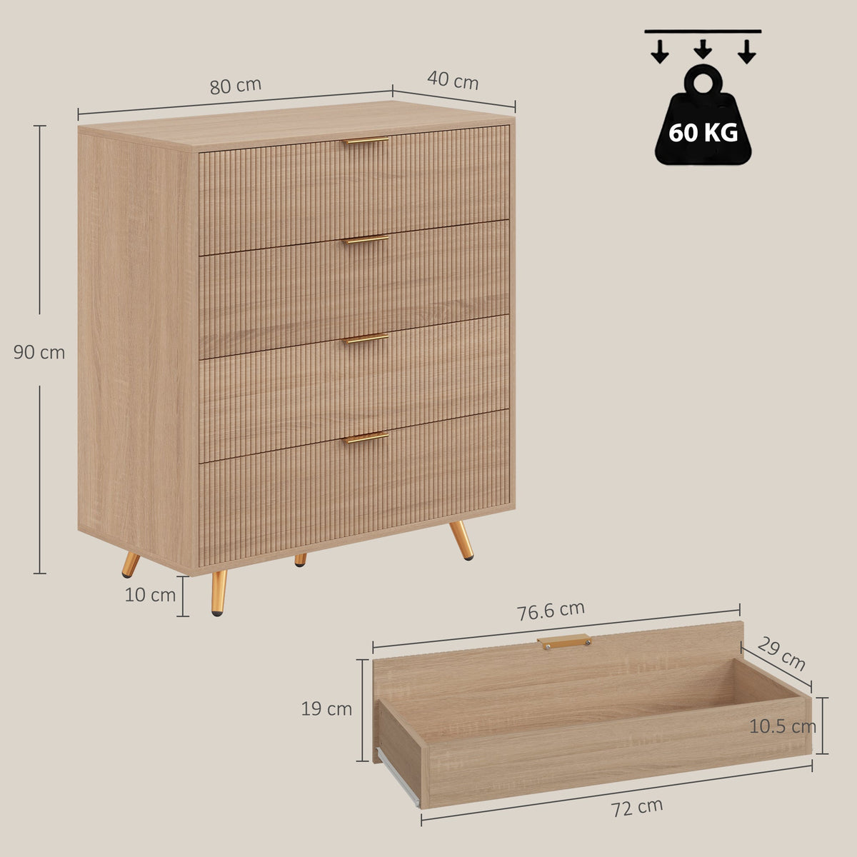 Bedroom Chest of Drawers with 4 Drawers, Fluted Dresser with Gold-Tone Handles, Storage Cabinet for Bedroom, Living Room, Hallway, Entryway, Natural