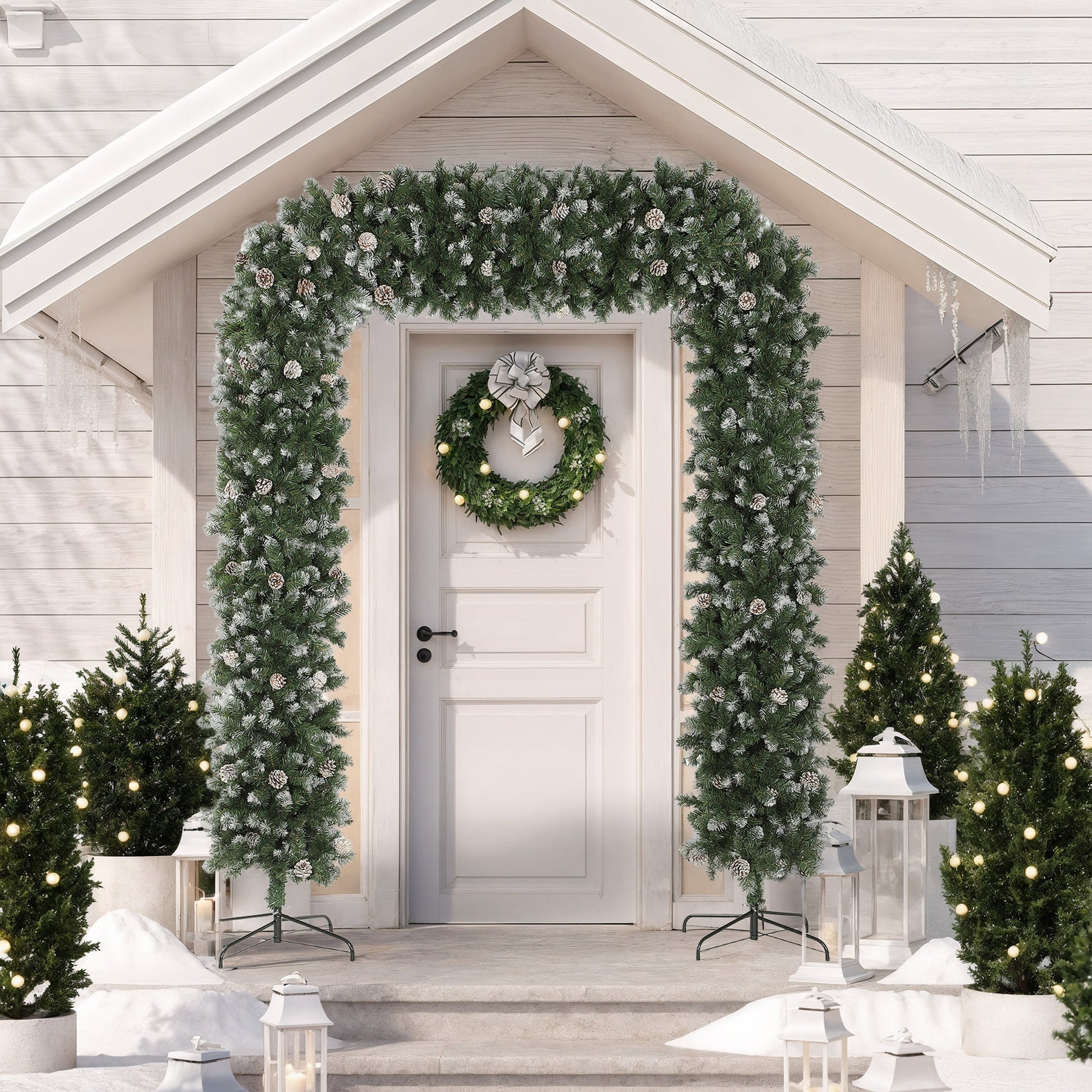 8.2 ft Snow Frosted Christmas Tree Arch, Christmas Arch Doorway Decor with 1800 Tips and 91 Pinecones, Artificial Xmas Tree with Metal Stand for Indoor, Green