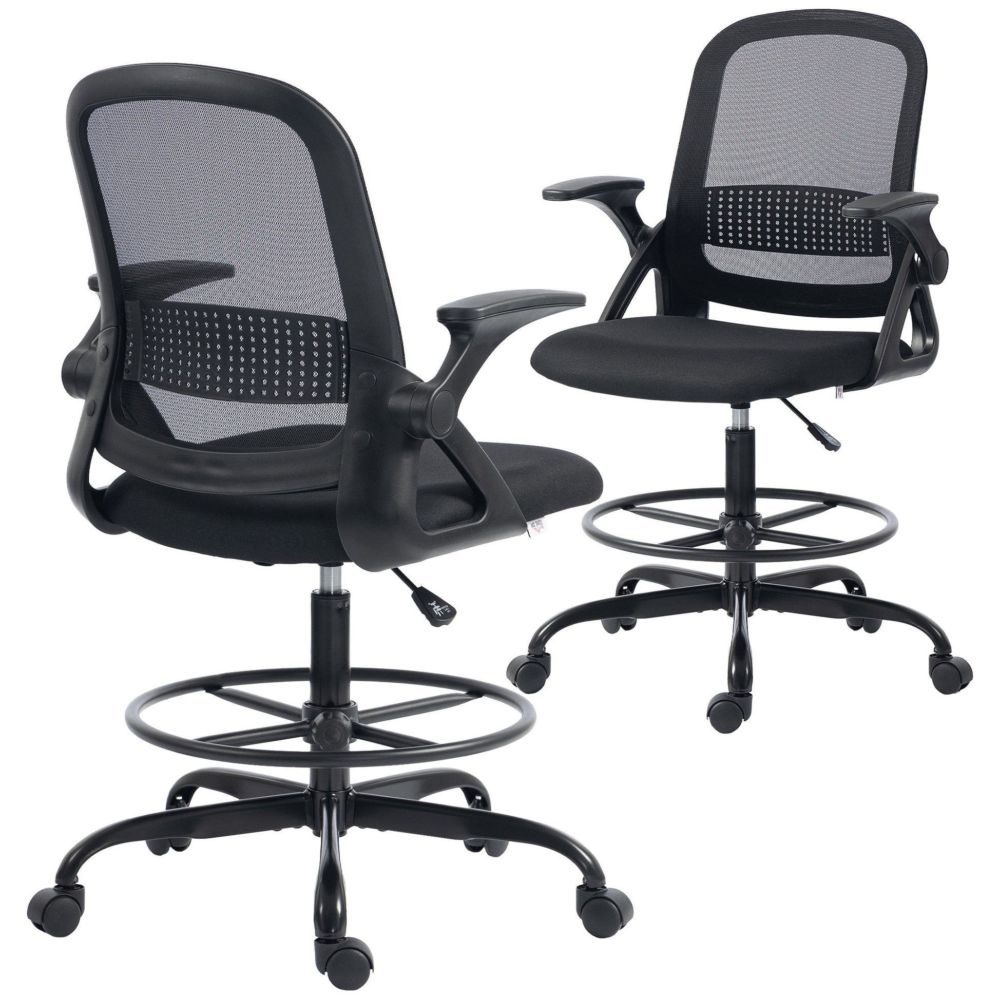 Drafting Chair, Mesh Standing Desk Chair with Flip-up Armrests, Adjustable Height and Footrest, Lumbar Support, Rolling Wheels for Home Office, Black