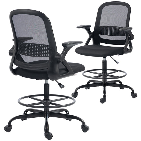 Drafting Chair, Mesh Standing Desk Chair with Flip-up Armrests, Adjustable Height and Footrest, Lumbar Support, Rolling Wheels for Home Office, Black
