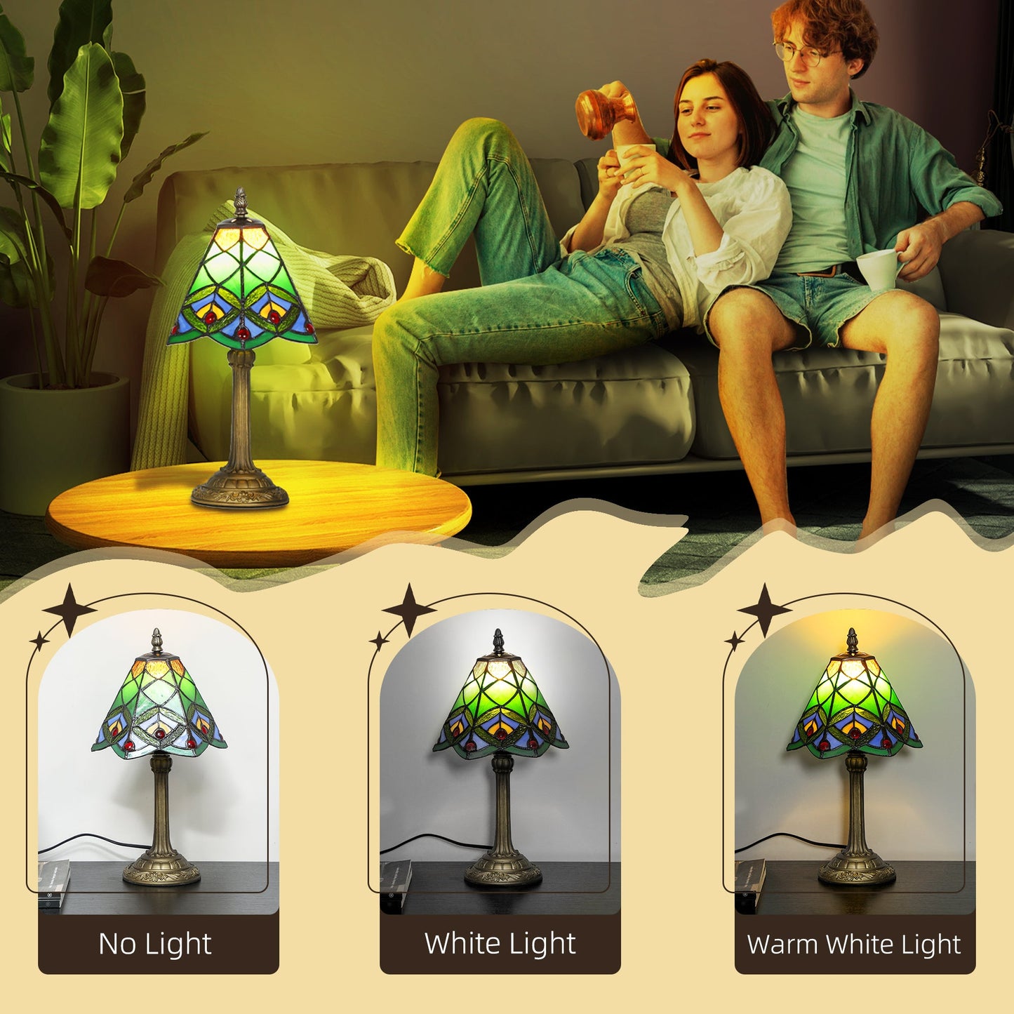 Tiffany-Style Table Lamp with Geometric Patterns, Handcrafted Antique Stained Glass Bedside Lamp for Living Room and Bedroom, E27 Socket, Green