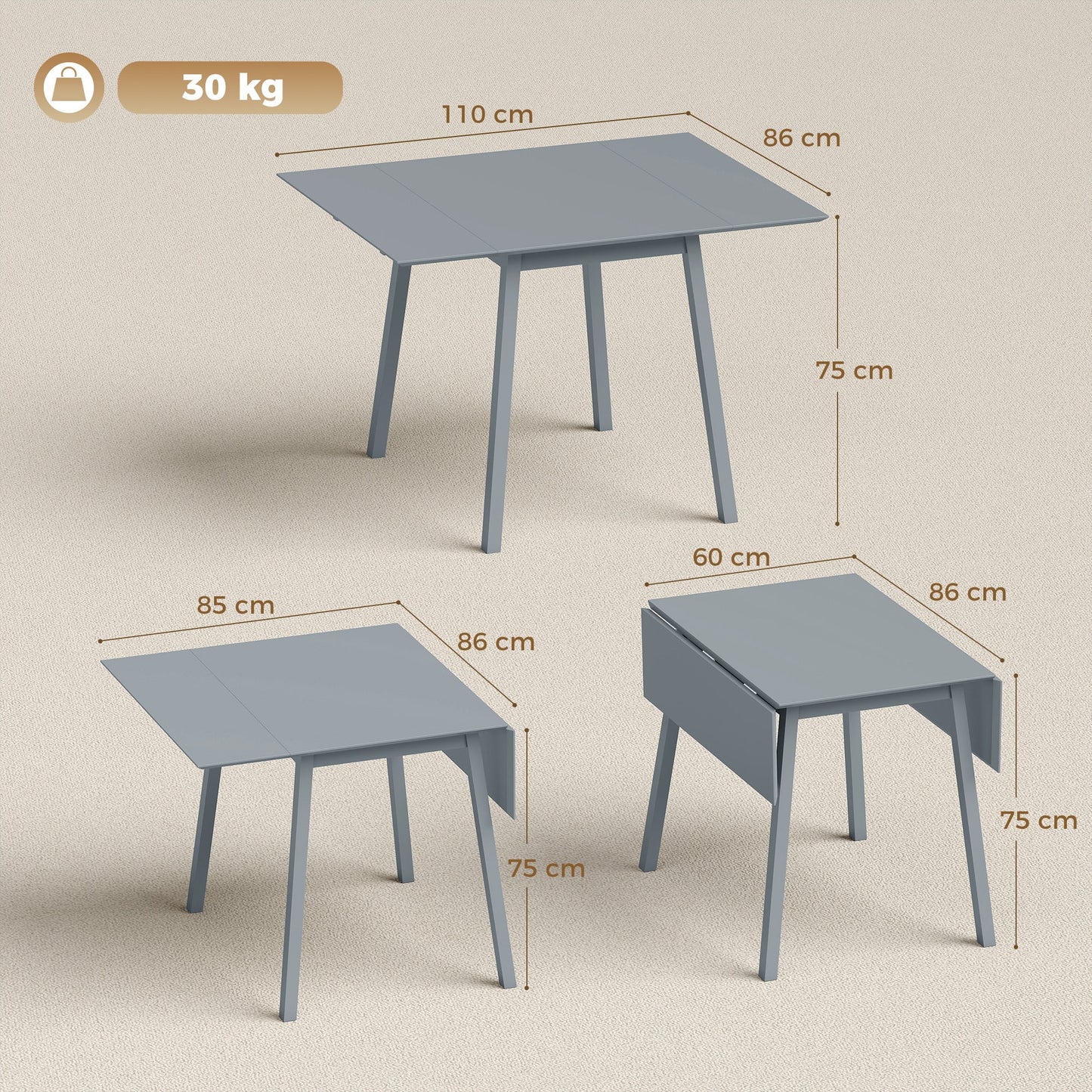 Solid Wood Folding Dining Table, Drop Leaf Table for 2-4 People,  Rectangle Kitchen Table for Small Space, Grey
