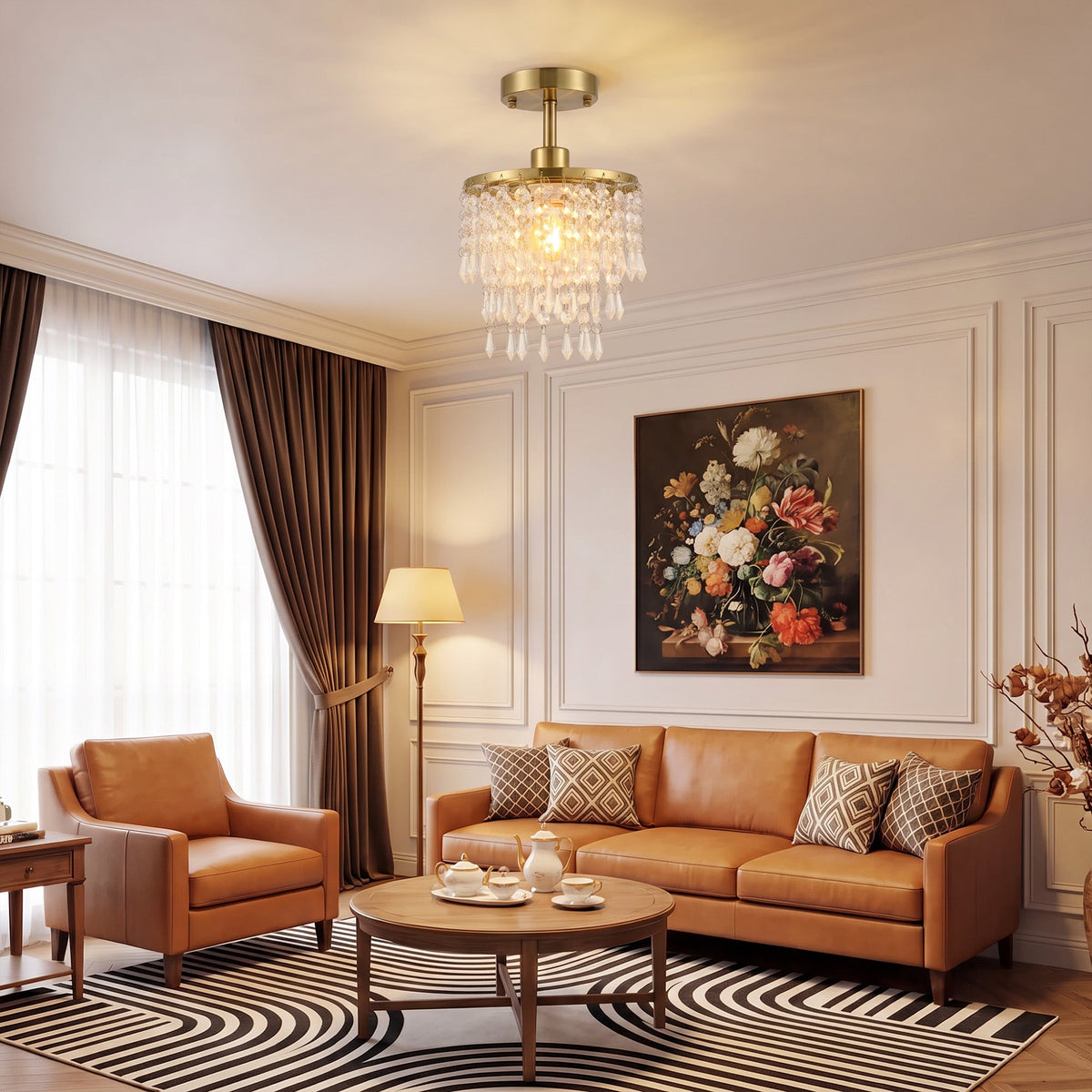 Crystal Ceiling Light with 57 Crystal Strands, Modern Ceiling Light with Mounting Plate for Bedroom, Dining Room, Hallway, Gold Tone, Bulb Not Included