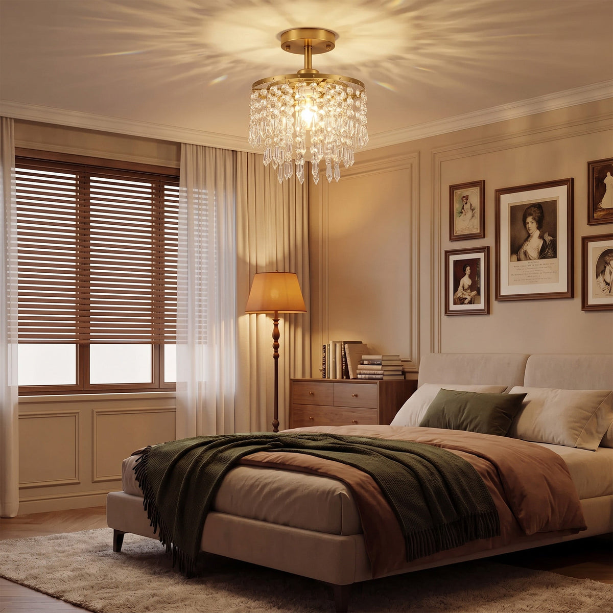 Crystal Ceiling Light with 57 Crystal Strands, Modern Ceiling Light with Mounting Plate for Bedroom, Dining Room, Hallway, Gold Tone, Bulb Not Included
