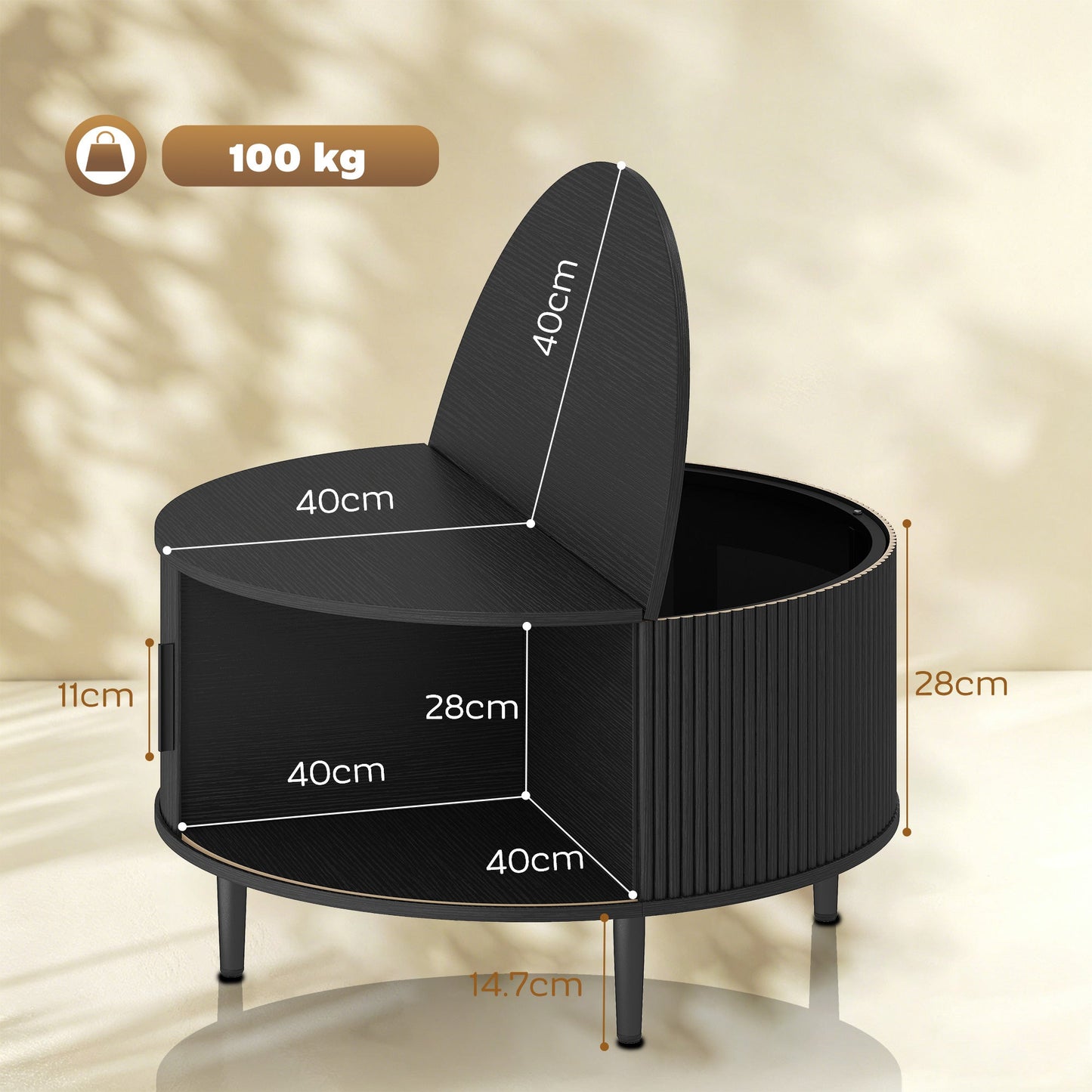 Round Coffee Table with Storage, 80 cm Modern Centre Table with Fluted Sliding Cabinet Door and Lift Top, Wood Circle Drum Table for Living Room, Black Wood Effect