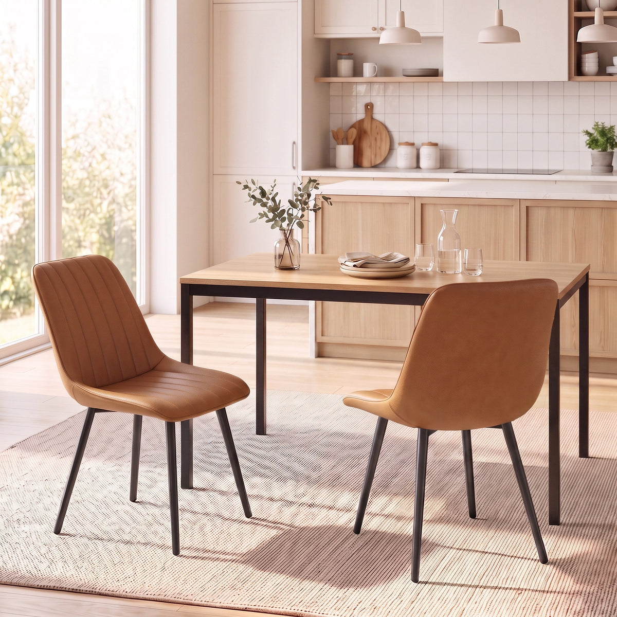 Modern Dining Chairs Set of 2, Curved Faux Leather Upholstered Kitchen Chairs with Metal Legs for Dining Room, Kitchen, Living Room, Brown