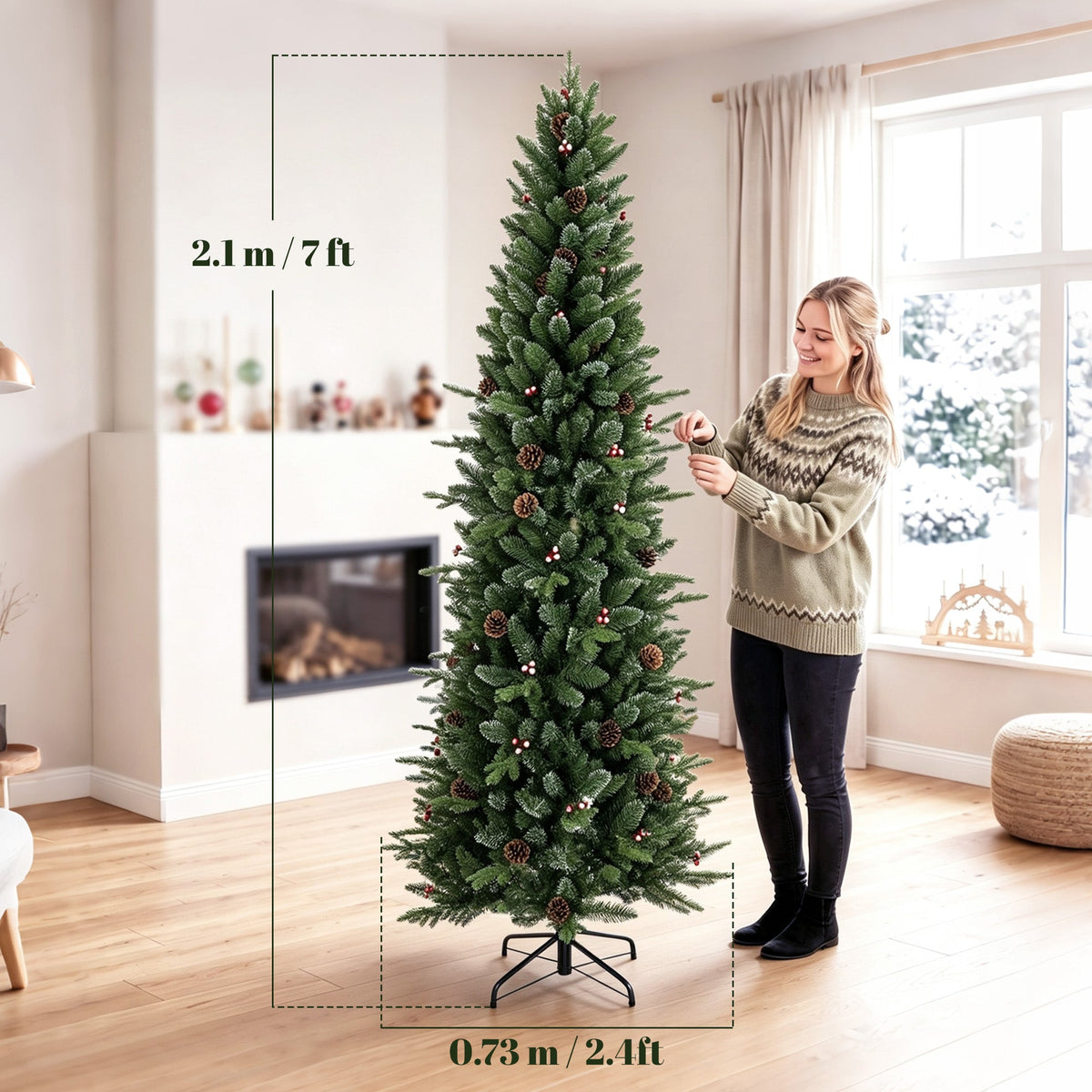 7ft/210cm Artificial Christmas Tree, Slim Gracious Pine Xmas Tree with 904 Branch Tips, Foldable Steel Stand, Easy Assembly for Home Office Holiday Decoration, Green