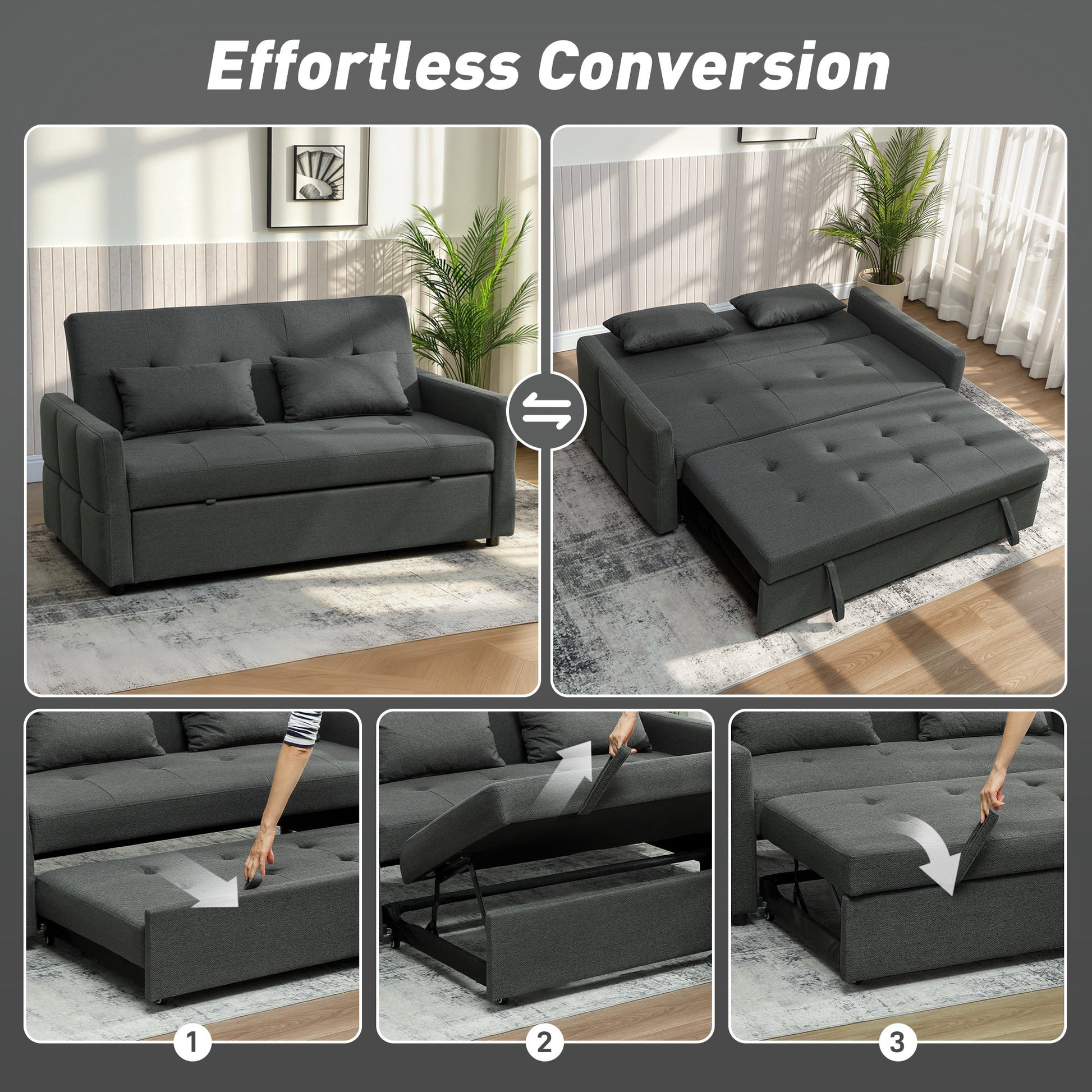 2 Seater Sofa Bed, Click Clack Sleeper Sofa with Pull Out Design, 2 Pillows, High Density Foam, Wide Seat, Linen Convertible Loveseat Bed Settee for Living Room, 137x179cm, Charcoal Grey