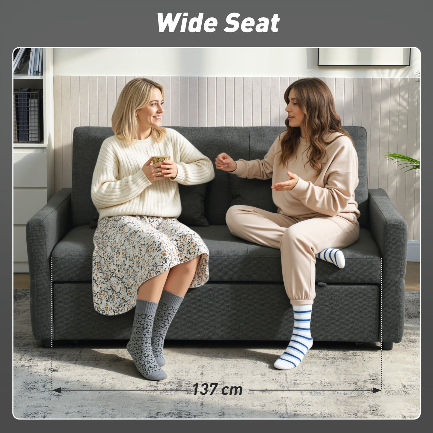 2 Seater Sofa Bed, Click Clack Sleeper Sofa with Pull Out Design, 2 Pillows, High Density Foam, Wide Seat, Linen Convertible Loveseat Bed Settee for Living Room, 137x179cm, Charcoal Grey