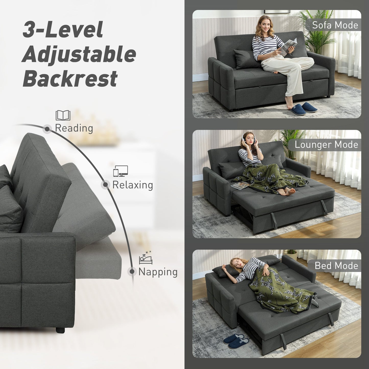 2 Seater Sofa Bed, Click Clack Sleeper Sofa with Pull Out Design, 2 Pillows, High Density Foam, Wide Seat, Linen Convertible Loveseat Bed Settee for Living Room, 137x179cm, Charcoal Grey