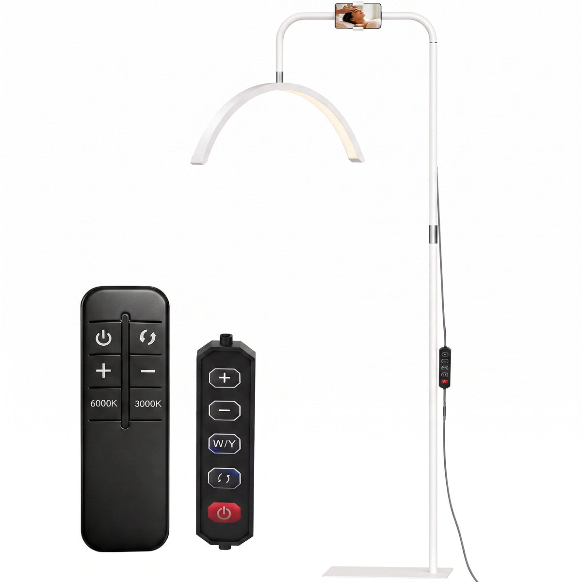 Half Moon Lash Light, Beauty Floor Lamp with 350° Rotatable Head, 7 Colour Temperature and Phone Holder, Dimmable Standing Lamp for Eyelash Extension, Tattoo, Nails, Skincare, White