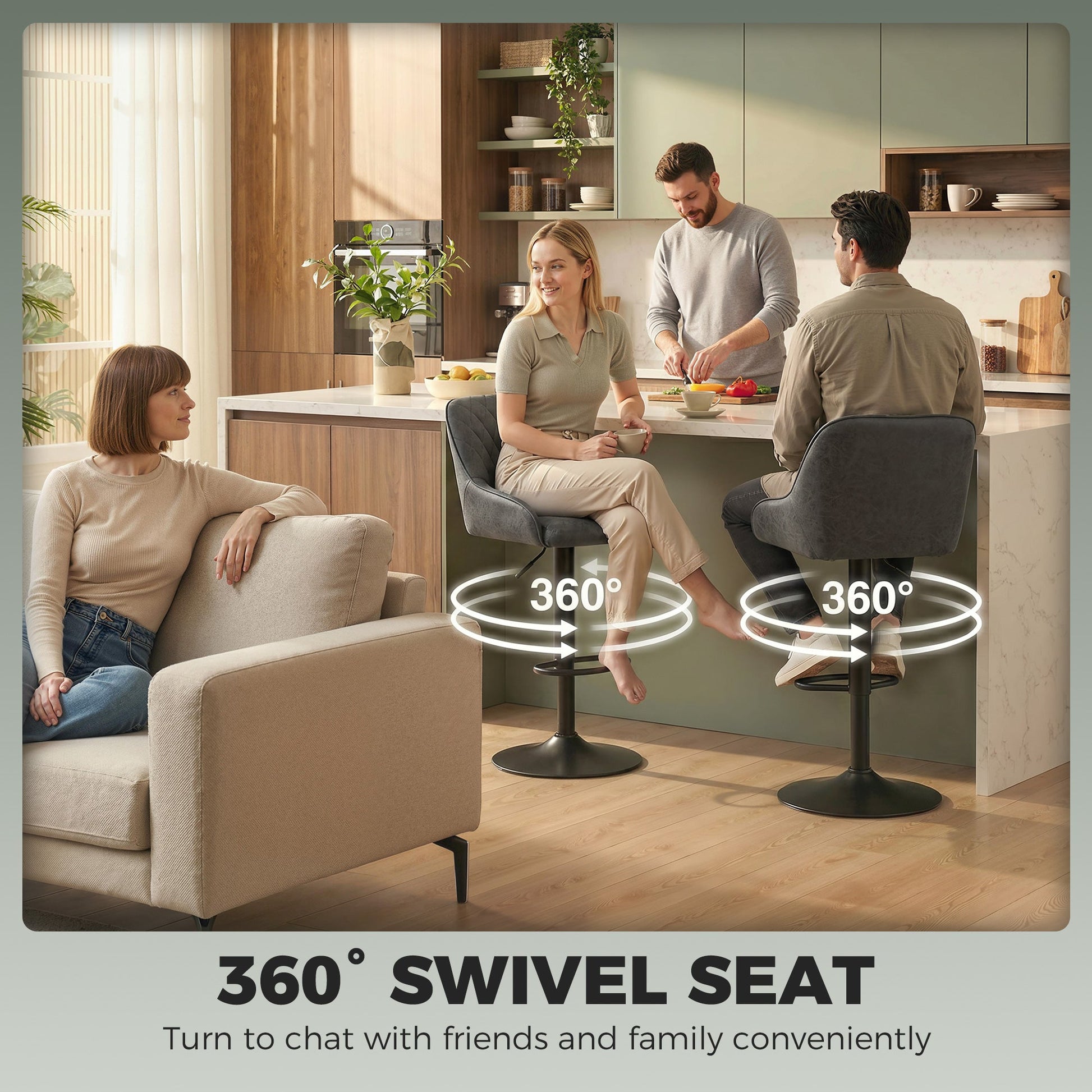 Breakfast Bar Stools Set of 2 with Wide Padded Seat, PU Leather Adjustable Swivel Bar Chairs, Modern Barstools with Footrest for Kitchen Island Counter, Home Bar, Dark Grey