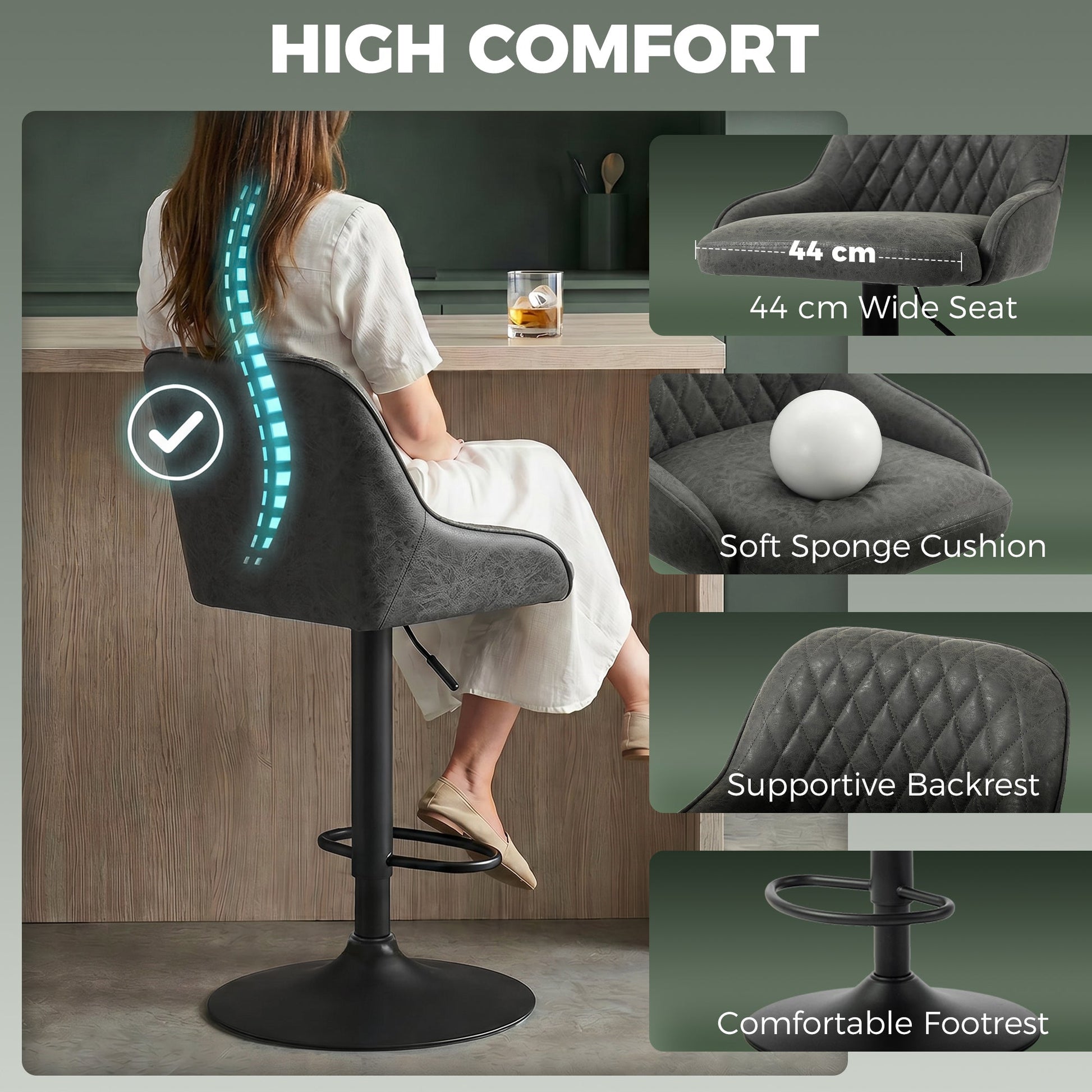 Breakfast Bar Stools Set of 2 with Wide Padded Seat, PU Leather Adjustable Swivel Bar Chairs, Modern Barstools with Footrest for Kitchen Island Counter, Home Bar, Dark Grey