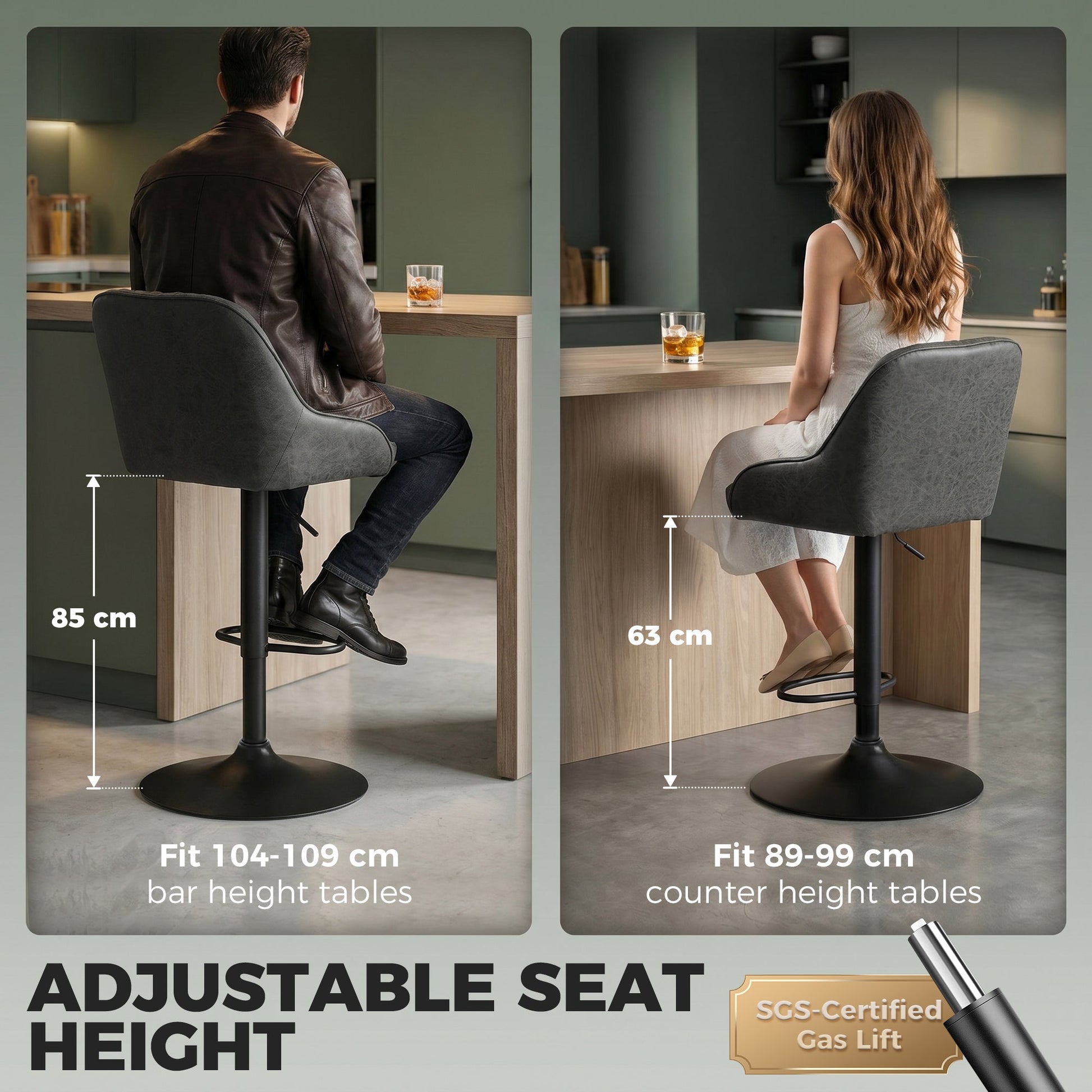 Breakfast Bar Stools Set of 2 with Wide Padded Seat, PU Leather Adjustable Swivel Bar Chairs, Modern Barstools with Footrest for Kitchen Island Counter, Home Bar, Dark Grey