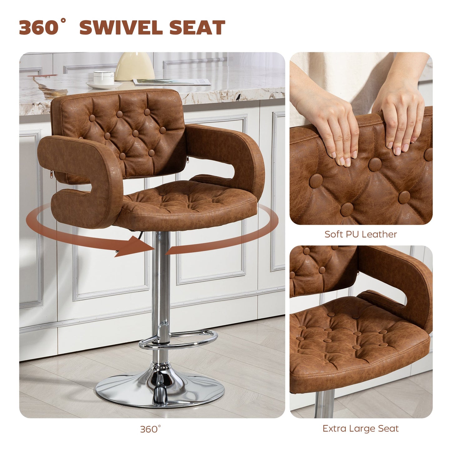 Swivel Bar Stool with Extra Large Seat, PU Leather Upholstered Adjustable Barstool with Back, Arm and Footrest, Breakfast Bar Chair for Bistro, Kitchen, Brown