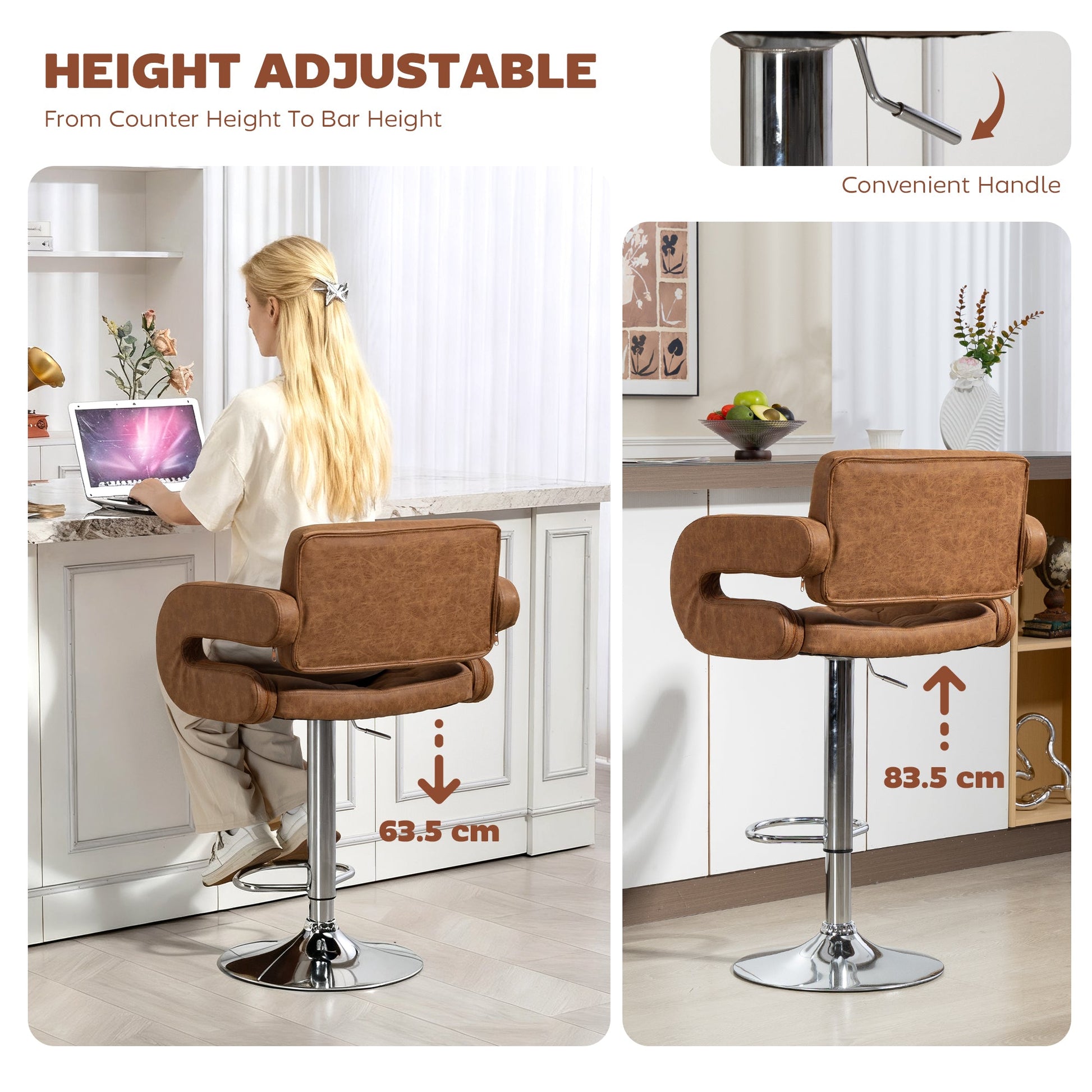 Swivel Bar Stool with Extra Large Seat, PU Leather Upholstered Adjustable Barstool with Back, Arm and Footrest, Breakfast Bar Chair for Bistro, Kitchen, Brown