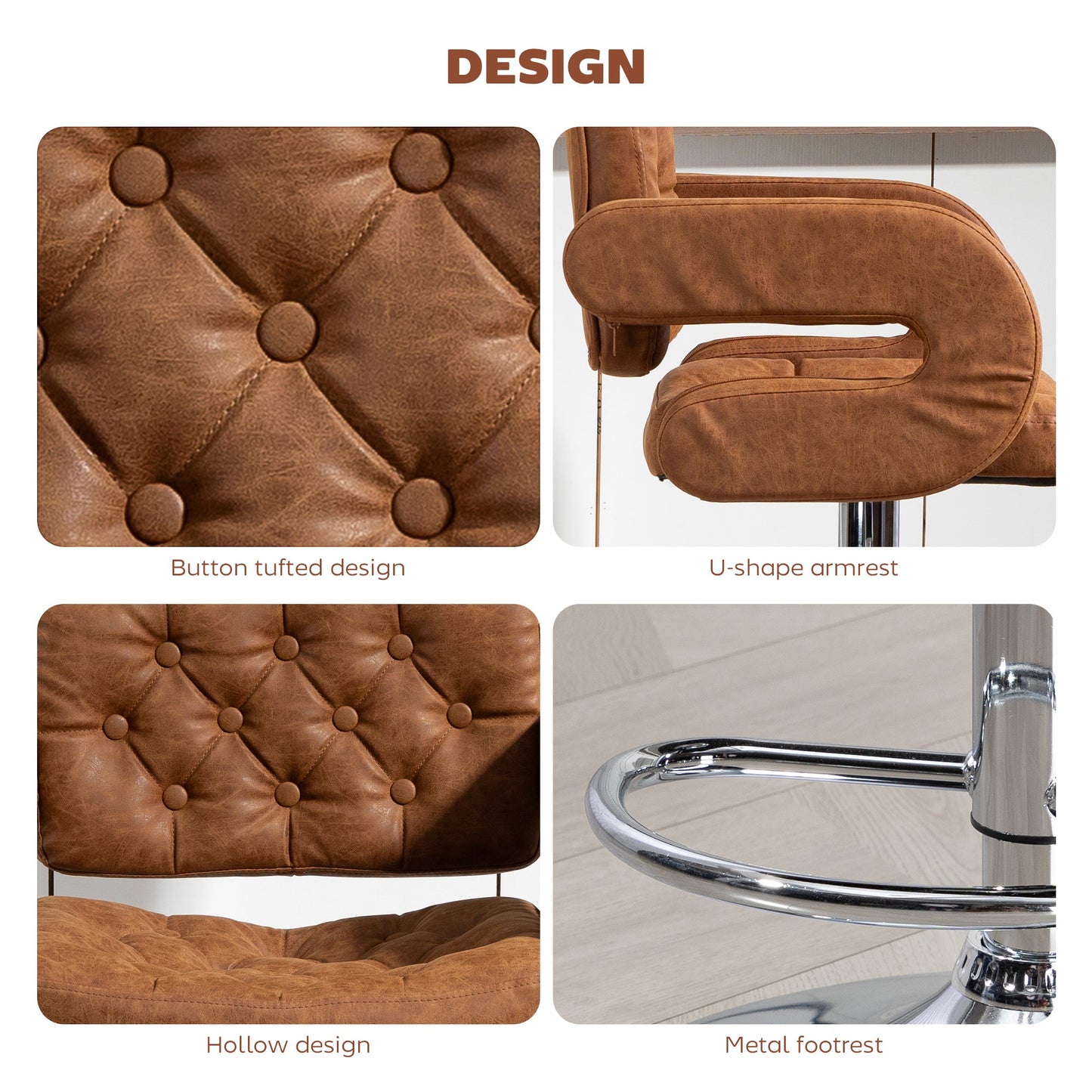 Swivel Bar Stool with Extra Large Seat, PU Leather Upholstered Adjustable Barstool with Back, Arm and Footrest, Breakfast Bar Chair for Bistro, Kitchen, Brown