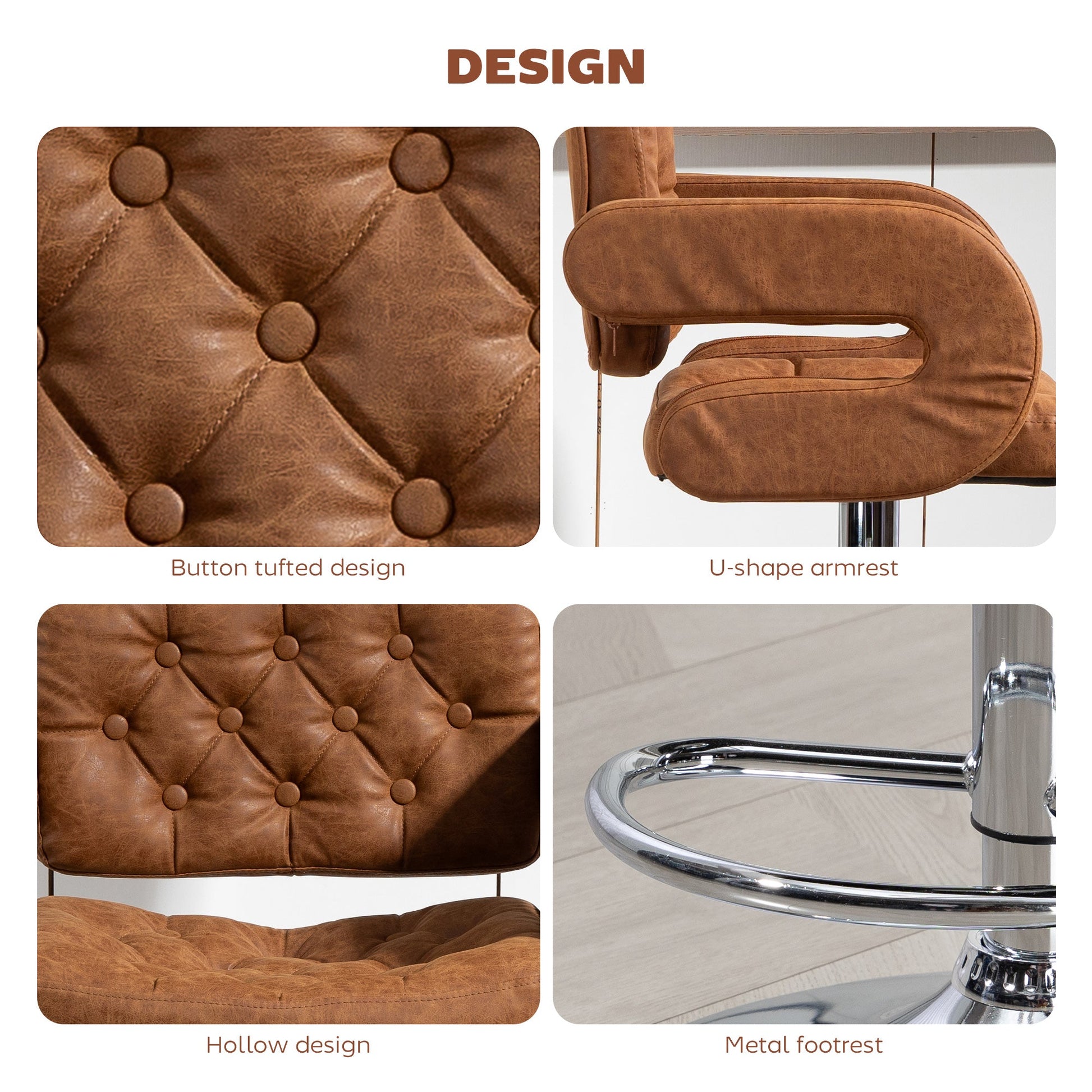 Swivel Bar Stool with Extra Large Seat, PU Leather Upholstered Adjustable Barstool with Back, Arm and Footrest, Breakfast Bar Chair for Bistro, Kitchen, Brown