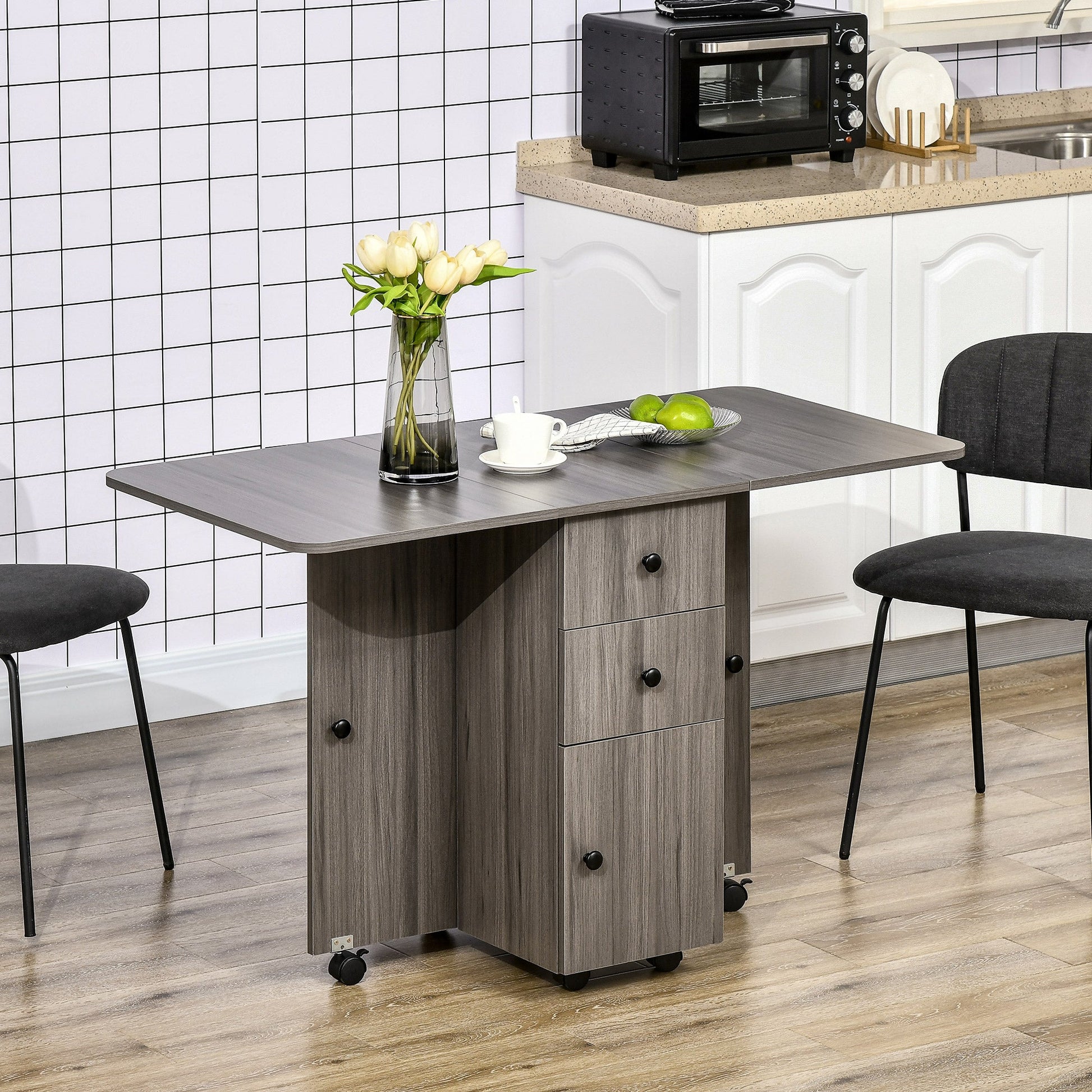 HOMCOM Folding Dining Table for 4-6, Rolling Drop Leaf Table with Storage Drawers, Cabinet and Open Shelf, Extendable Kitchen Table on Wheels, Grey