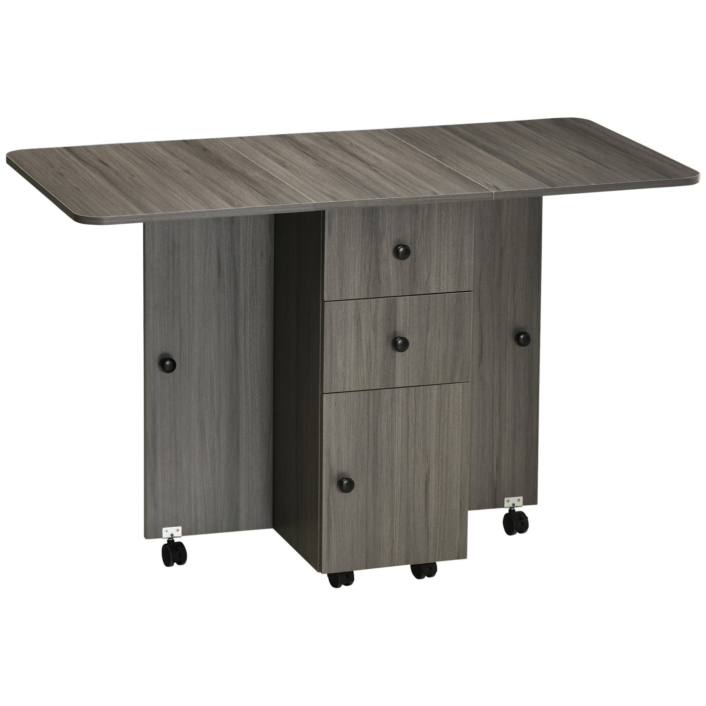 HOMCOM Folding Dining Table for 4-6, Rolling Drop Leaf Table with Storage Drawers, Cabinet and Open Shelf, Extendable Kitchen Table on Wheels, Grey