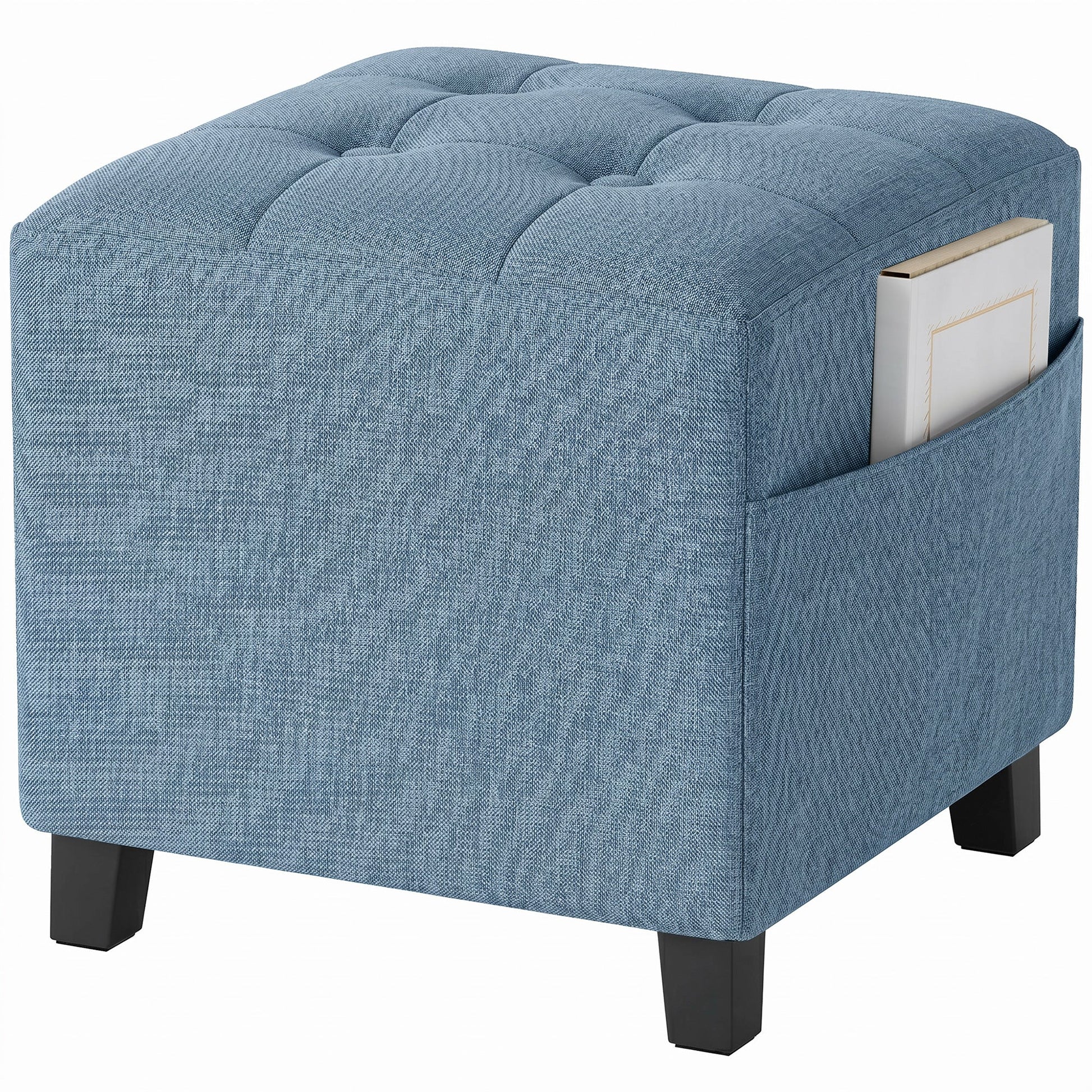 Square Footstool, Small Ottoman with Side Pocket, Linen-look Fabric Footrest Foot Stool with Rubber Wood Legs and Padded Seat for Living Room, Bedroom, Entryway, 35 x 35 x 35cm, Dark Blue