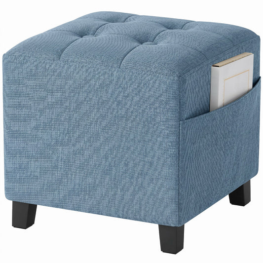 Square Footstool, Small Ottoman with Side Pocket, Linen-look Fabric Footrest Foot Stool with Rubber Wood Legs and Padded Seat for Living Room, Bedroom, Entryway, 35 x 35 x 35cm, Dark Blue