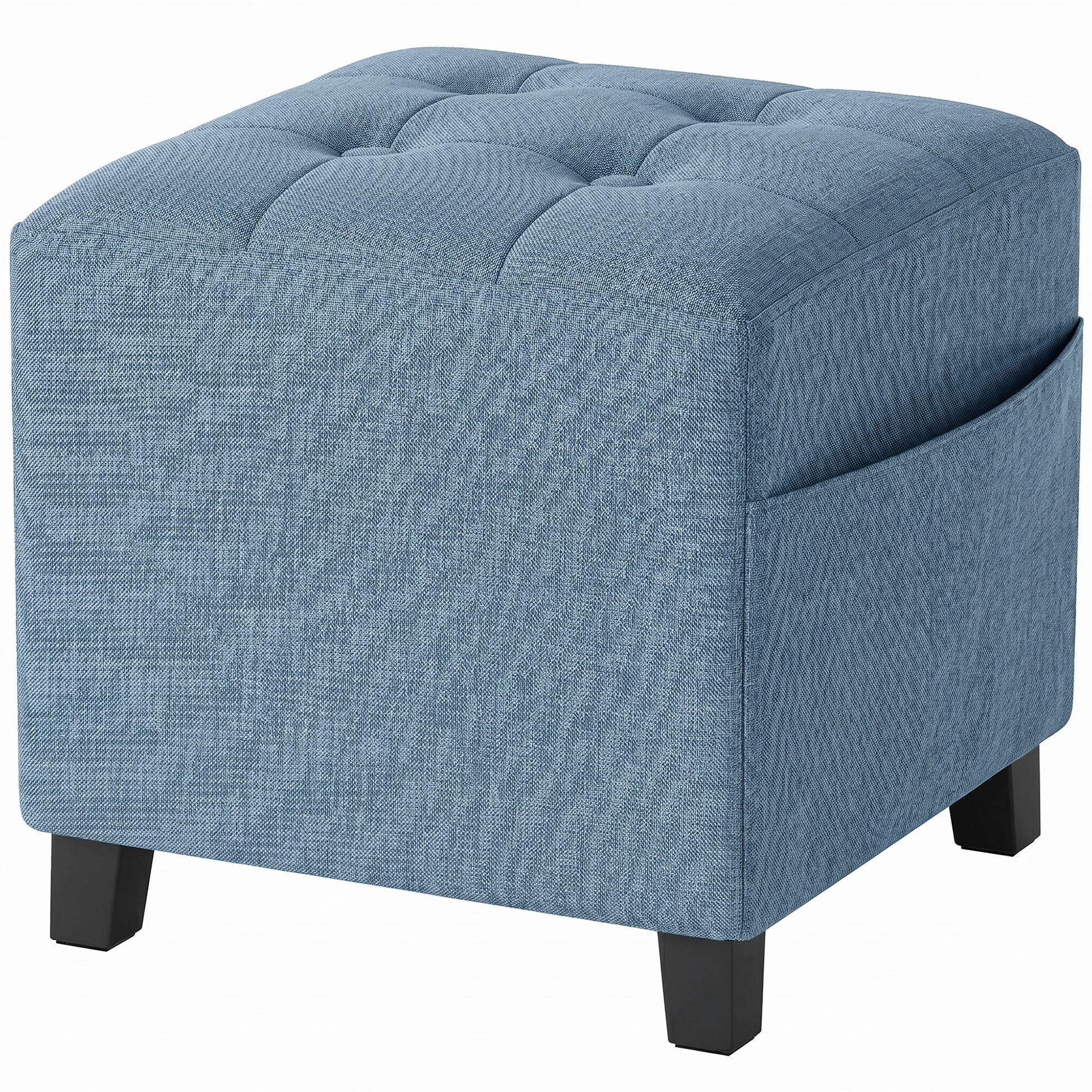 Square Footstool, Small Ottoman with Side Pocket, Linen-look Fabric Footrest Foot Stool with Rubber Wood Legs and Padded Seat for Living Room, Bedroom, Entryway, 35 x 35 x 35cm, Dark Blue