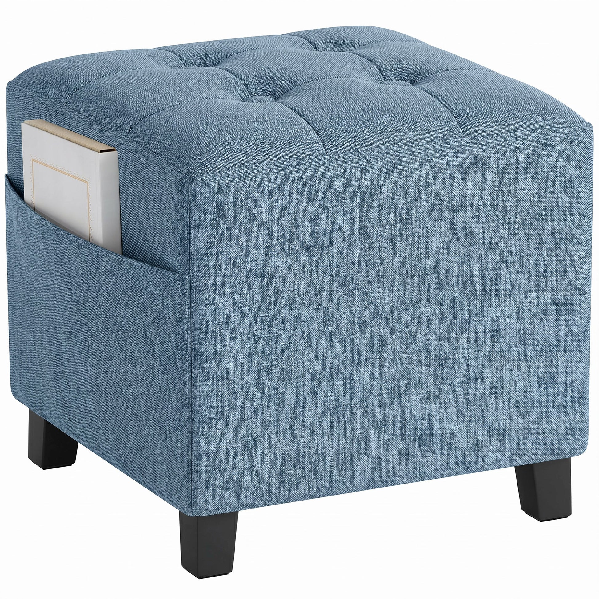 Square Footstool, Small Ottoman with Side Pocket, Linen-look Fabric Footrest Foot Stool with Rubber Wood Legs and Padded Seat for Living Room, Bedroom, Entryway, 35 x 35 x 35cm, Dark Blue