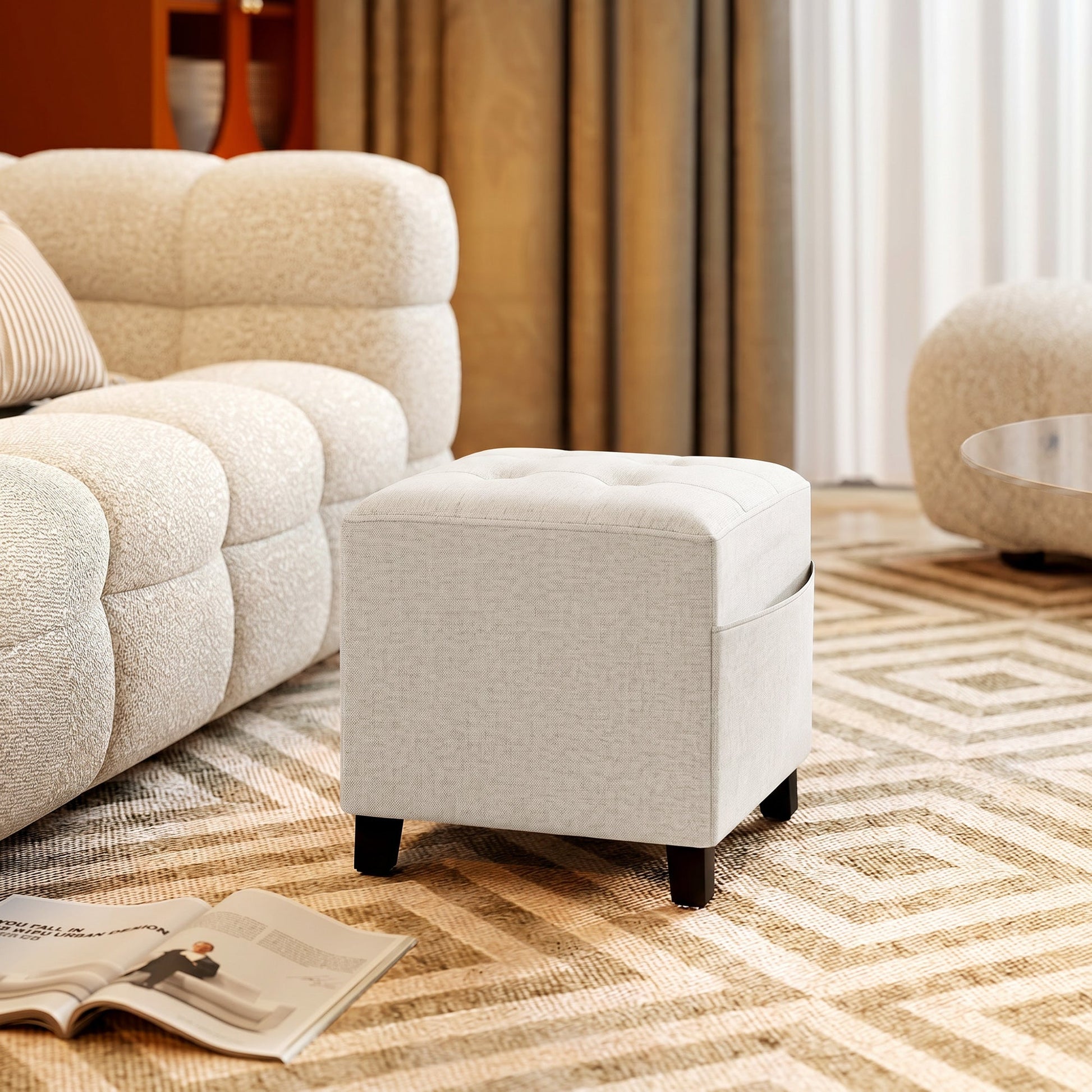 Square Footstool, Small Ottoman with Side Pocket, Linen-look Fabric Footrest Foot Stool with Rubber Wood Legs and Padded Seat for Living Room, Bedroom, Entryway, 35 x 35 x 35cm, Beige