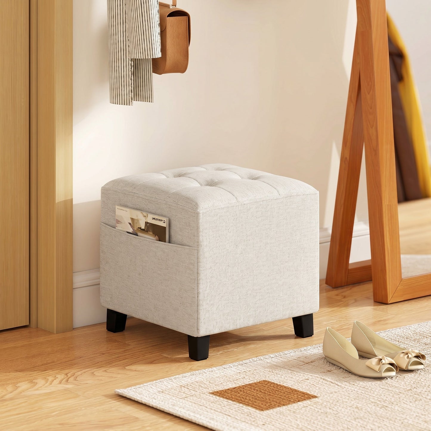 Square Footstool, Small Ottoman with Side Pocket, Linen-look Fabric Footrest Foot Stool with Rubber Wood Legs and Padded Seat for Living Room, Bedroom, Entryway, 35 x 35 x 35cm, Beige